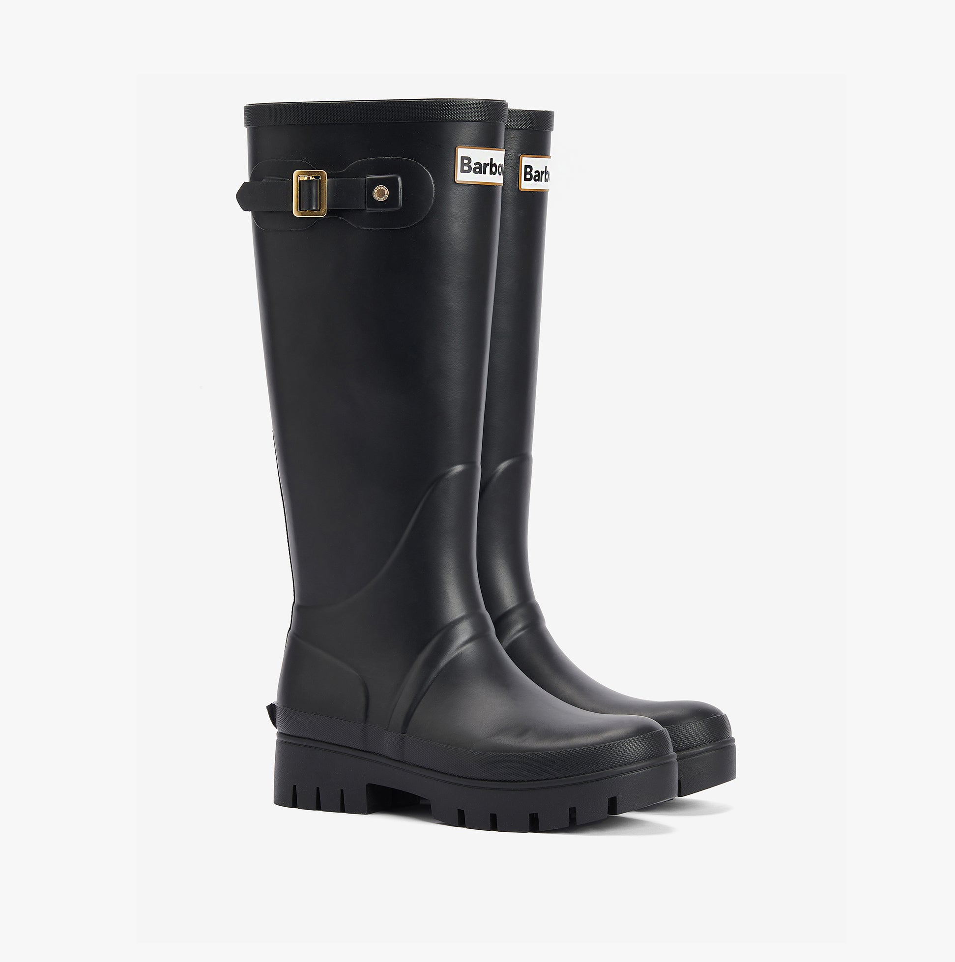 Barbour SNOWDON Womens Tall Wellies Black side view showcasing synthetic/rubber construction and block heel.