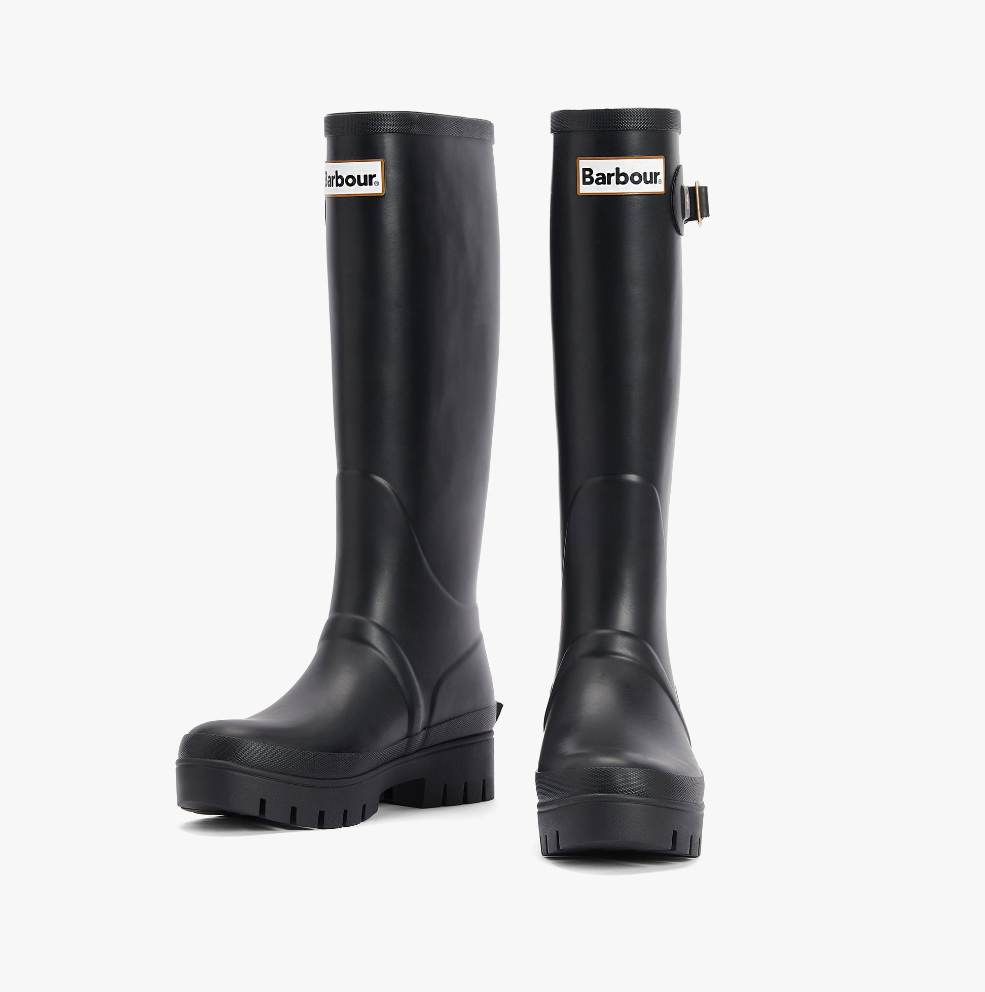 Barbour SNOWDON Womens Tall Wellies Black front view showcasing knee-high synthetic rubber design.