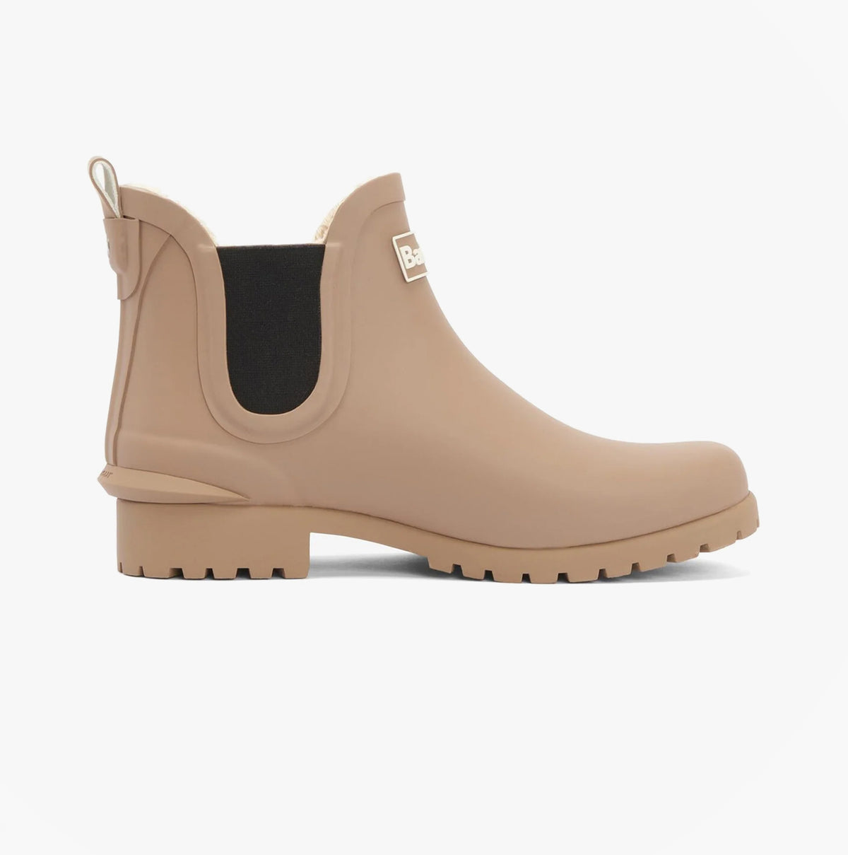 Barbour KIRKTON Womens Warm Lined Wellies Putty side view showing synthetic upper and block heel.