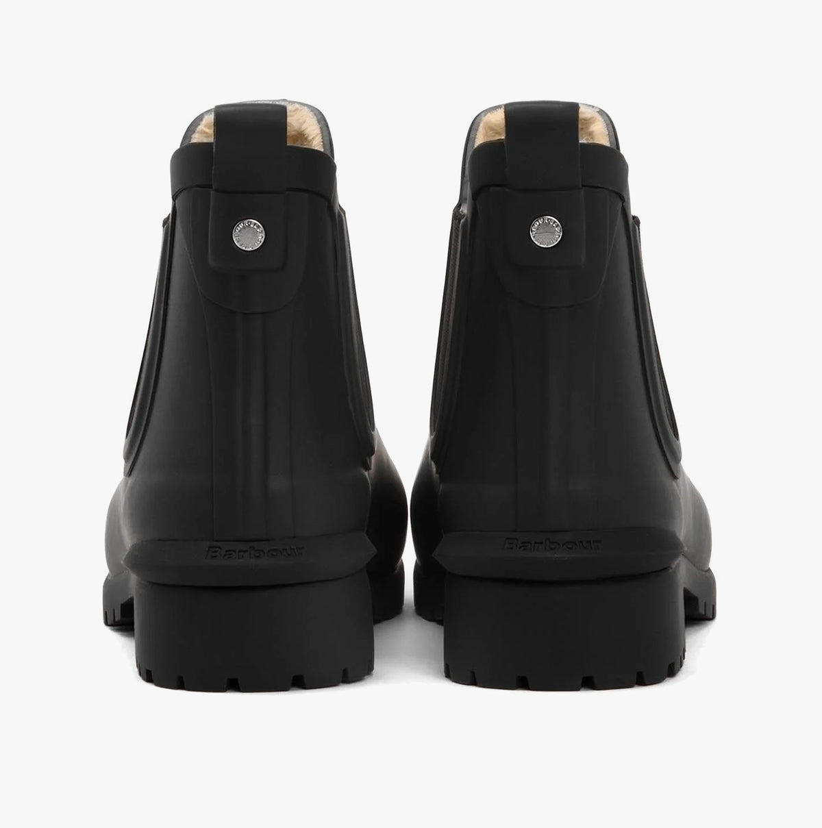 Barbour KIRKTON Womens Warm Lined Wellies Black back view showing block heel and warm lining.