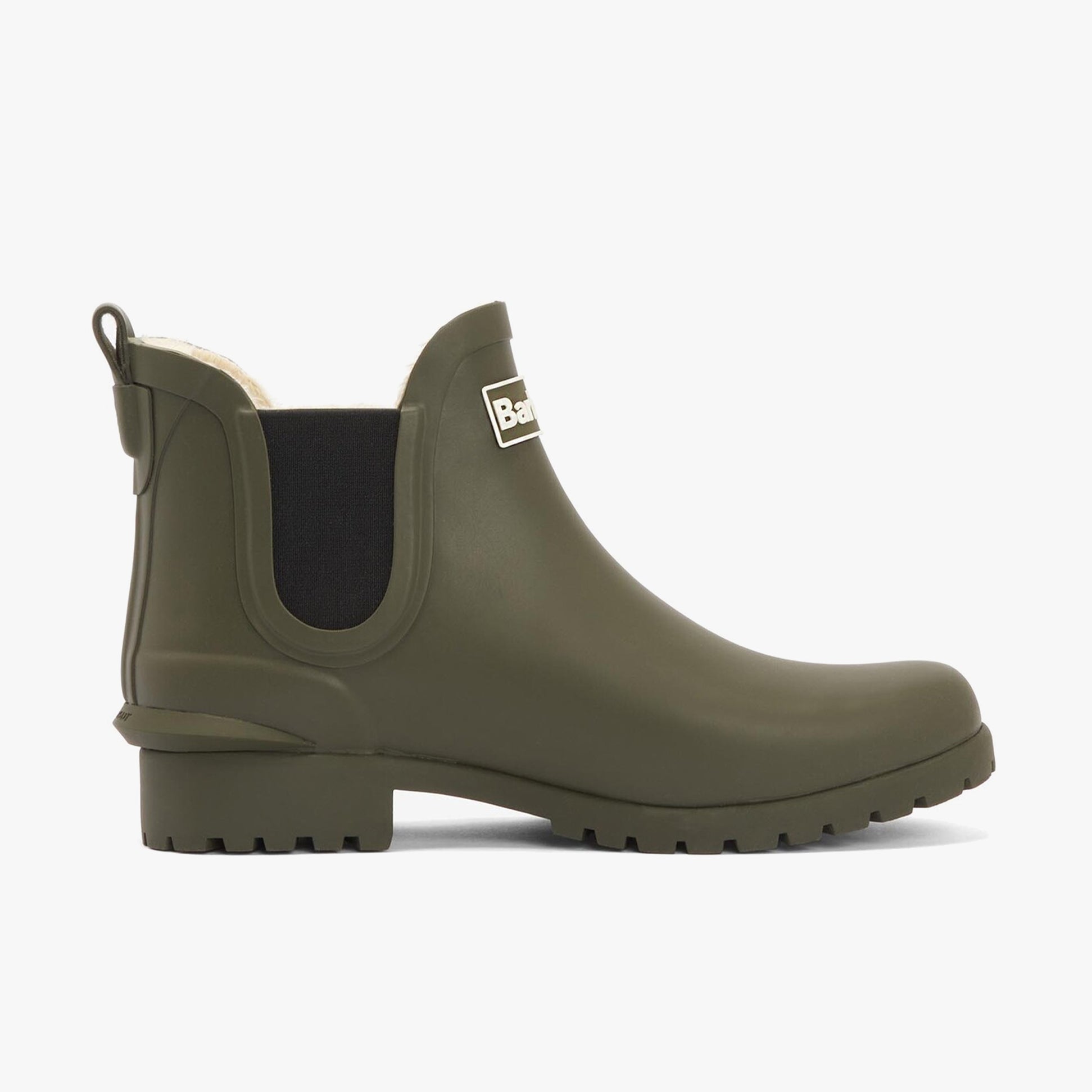 Barbour KIRKTON Womens Warm Lined Wellies Olive side view showcasing comfort and waterproof features.
