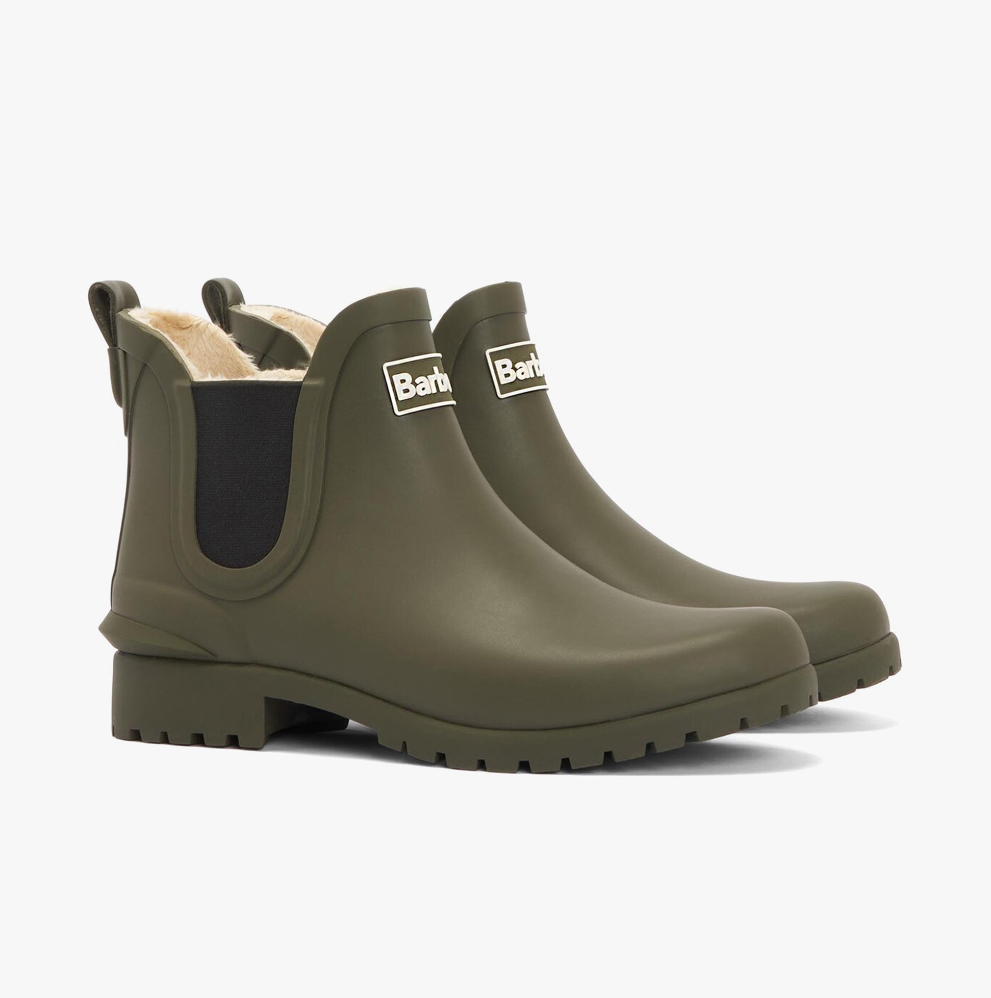 Barbour KIRKTON Womens Warm Lined Wellies Olive side view showcasing comfort and waterproof design with block heel.