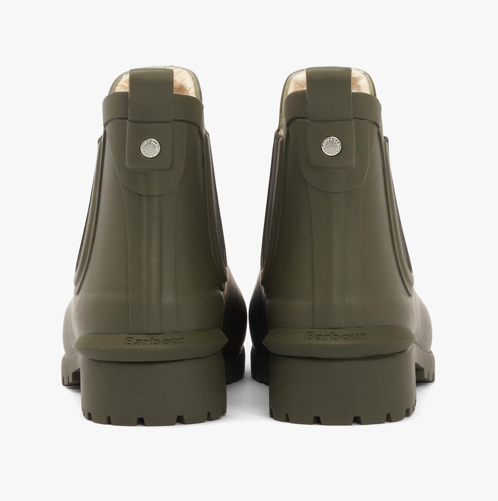 Barbour KIRKTON Womens Warm Lined Wellies Olive back view showcasing the block heel and pull-on design.