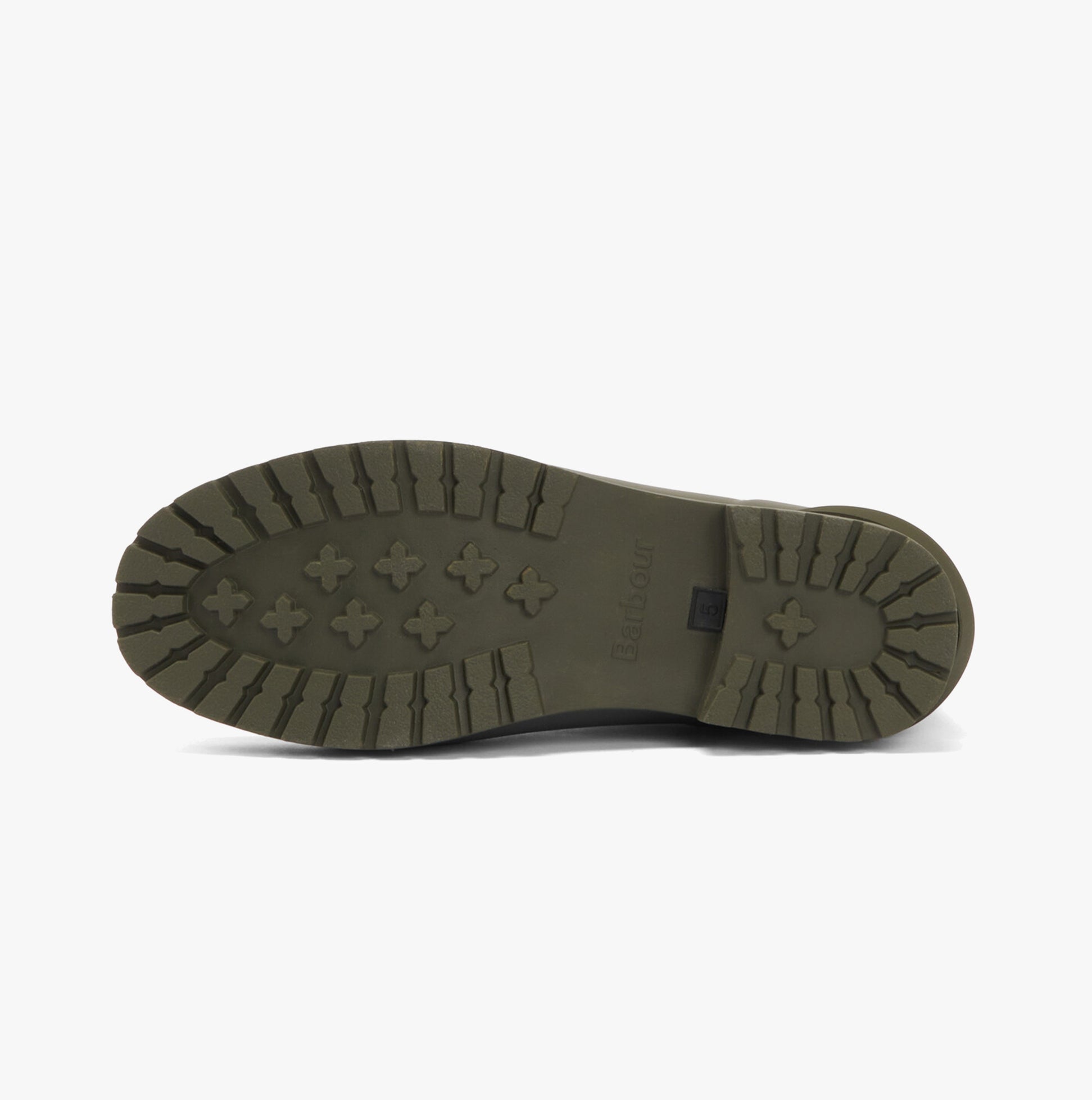 Barbour KIRKTON Womens Warm Lined Wellies Olive shoe sole view with rubber treads for stability and traction.