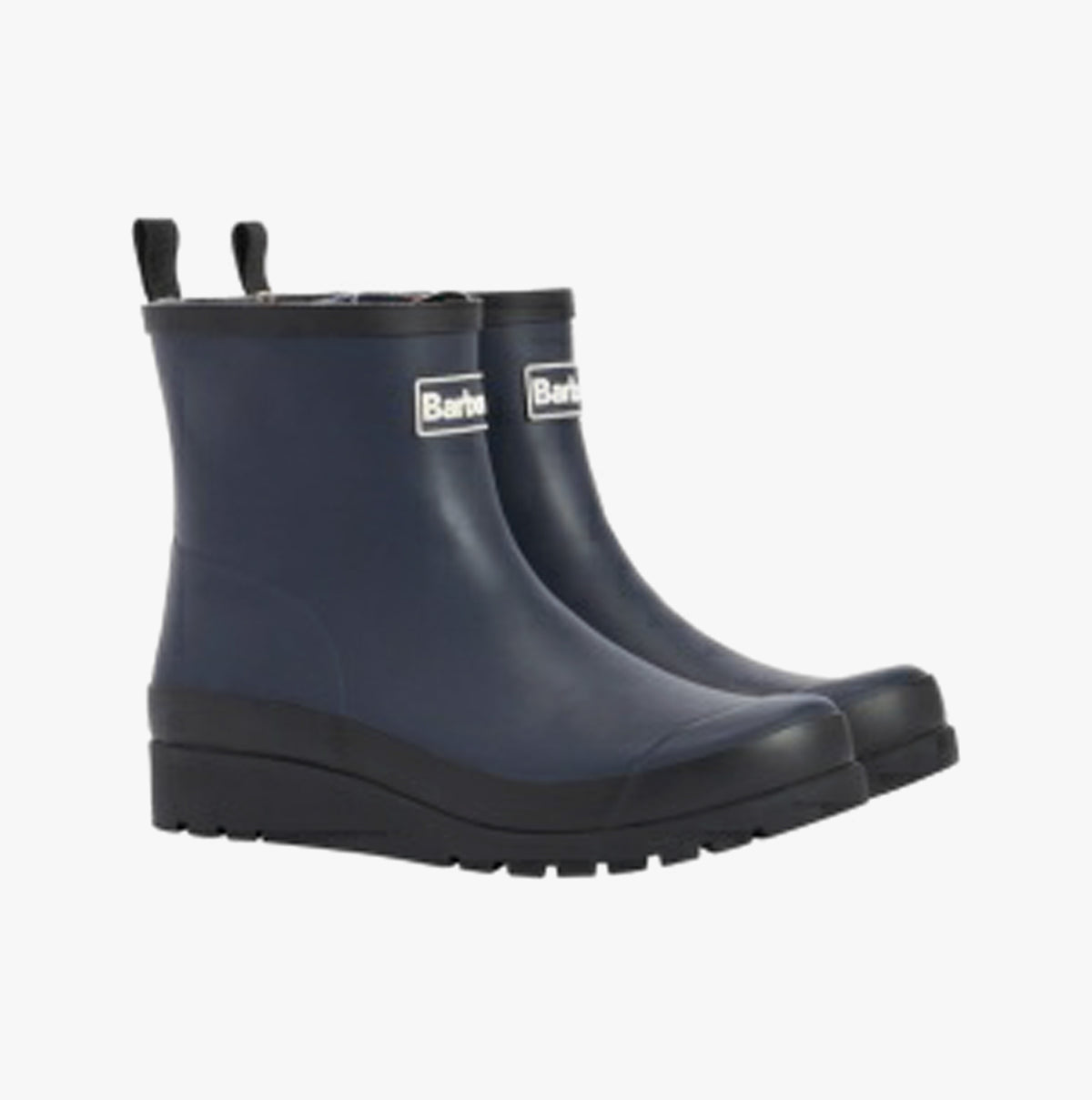 Barbour PORTREE Womens Wedge Wellies Navy/Black side view stylish waterproof ankle boots with wedge heel design.