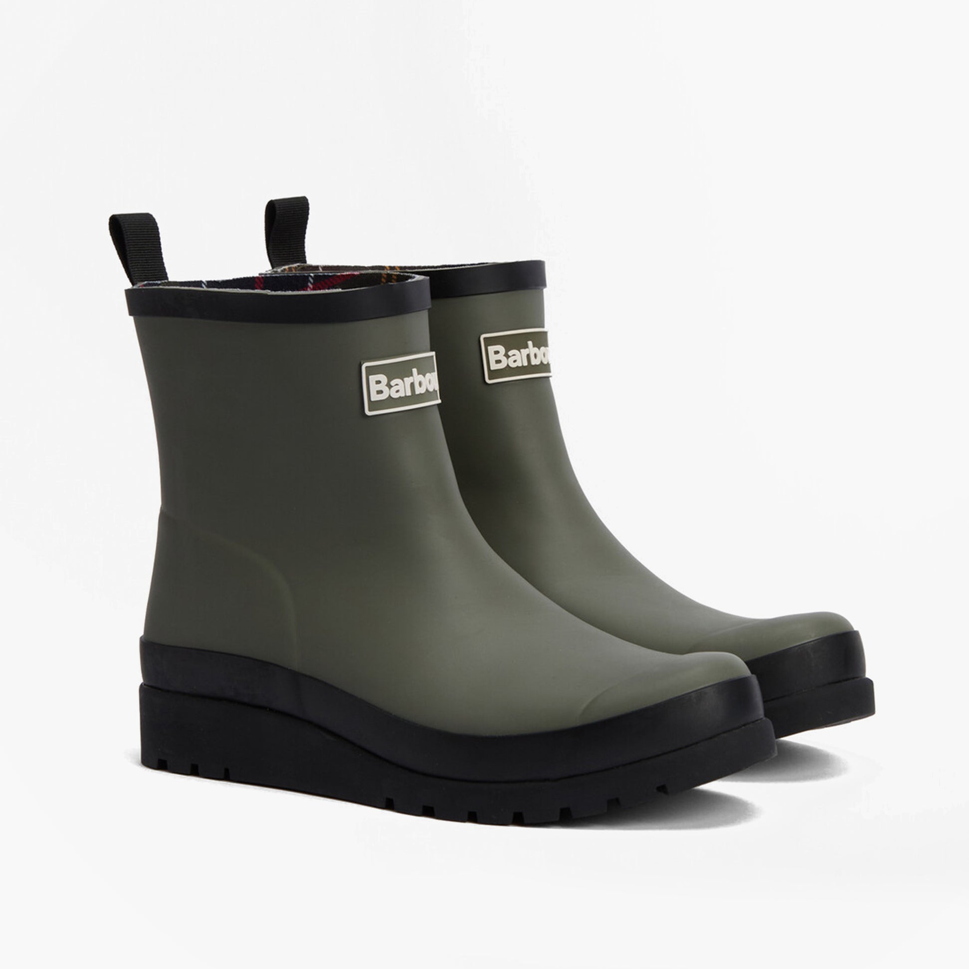 Barbour PORTREE Womens Wedge Wellies Dusky Olive/Black side view showing rubber upper and wedge heel.
