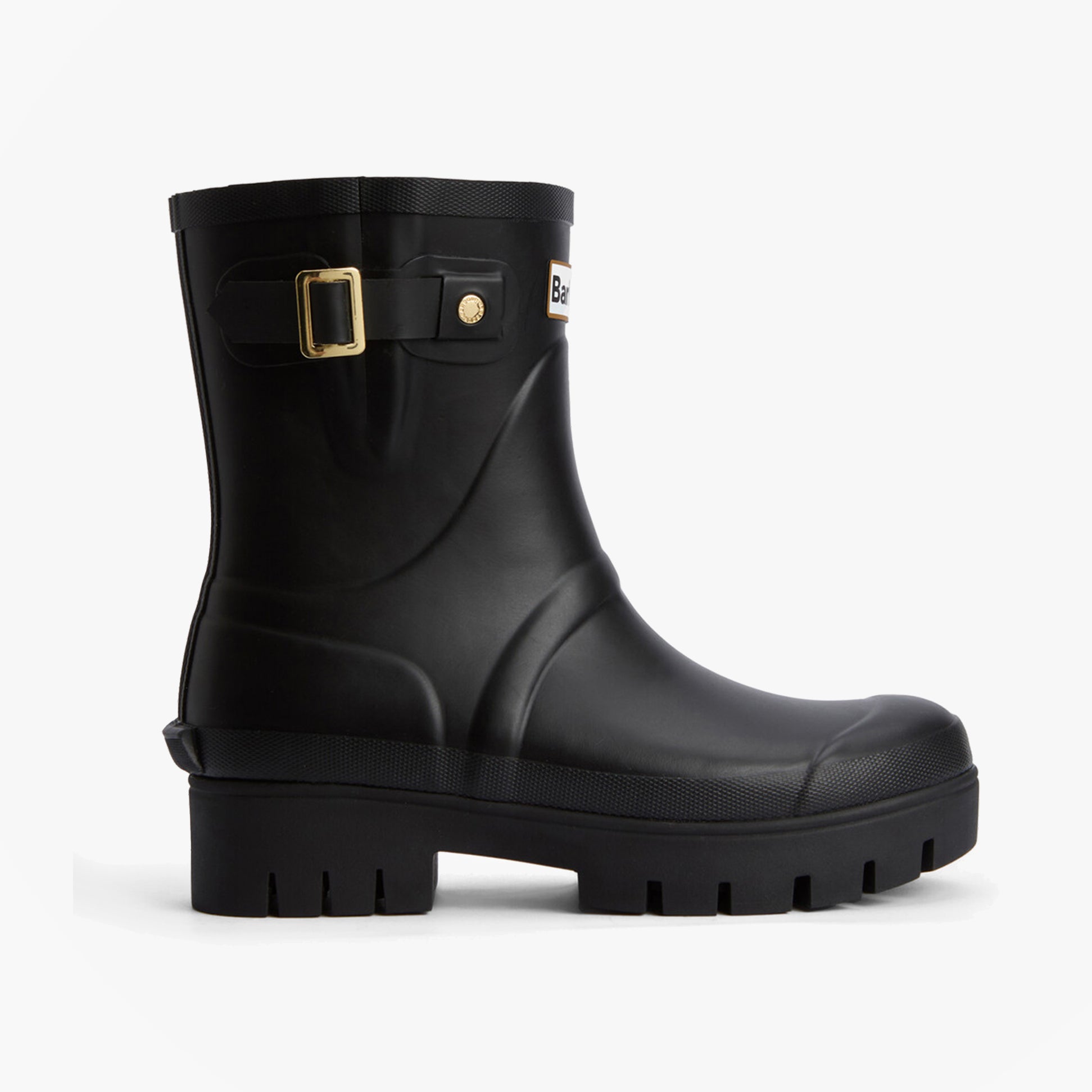 Barbour RAELYNN Womens Wellies Black side view showing rubber upper, block heel, and pull-on design