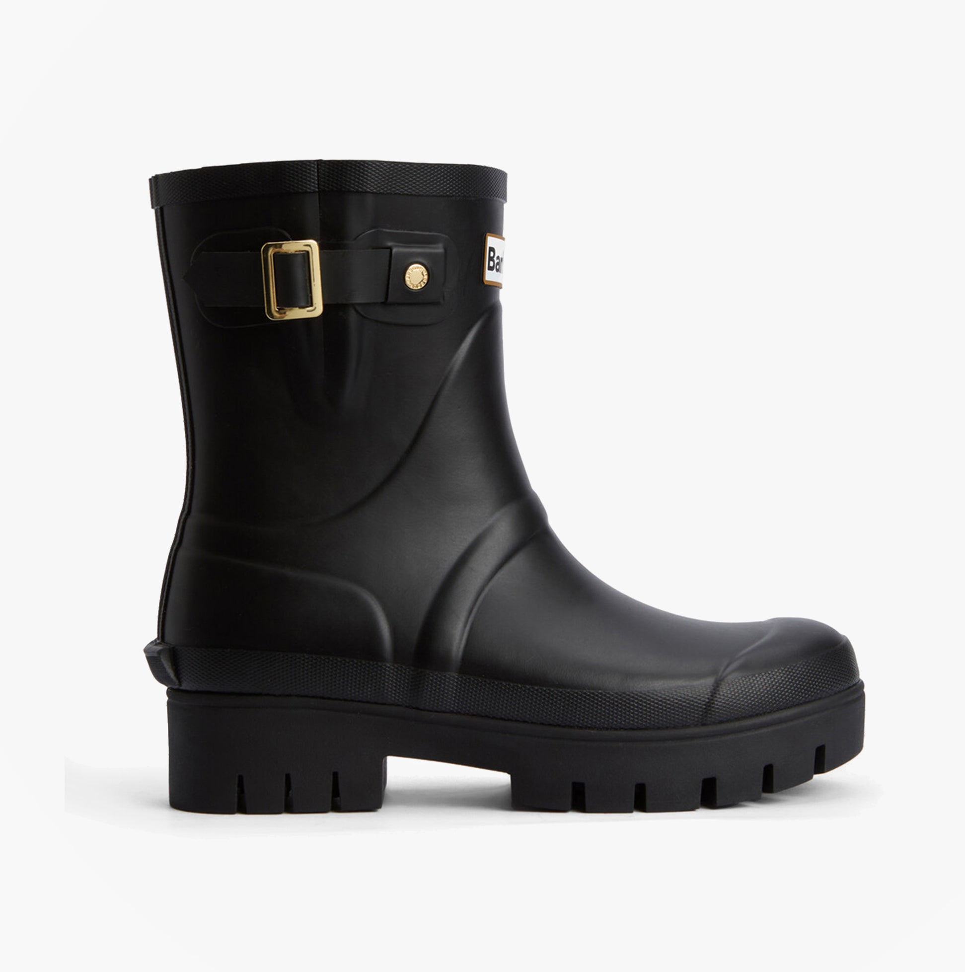 Barbour RAELYNN Womens Wellies Black side view showing rubber upper, block heel, and pull-on design
