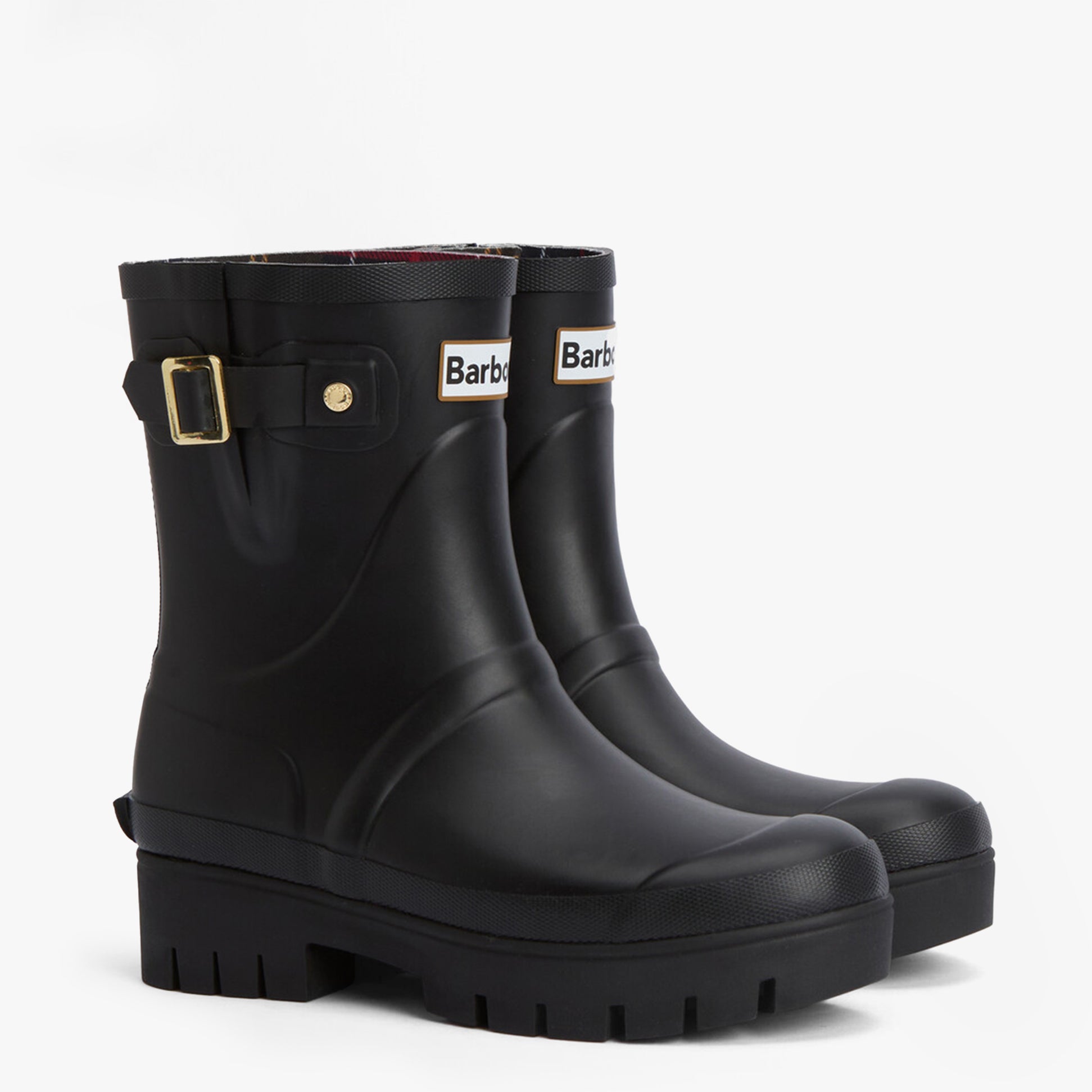 Barbour RAELYNN Womens Wellies Black side view showcasing rubber upper and block heel design.
