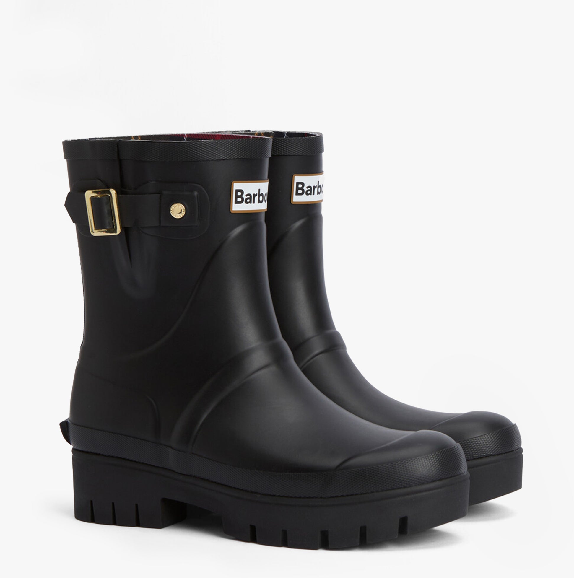 Barbour RAELYNN Womens Wellies Black side view showcasing rubber upper and block heel design.