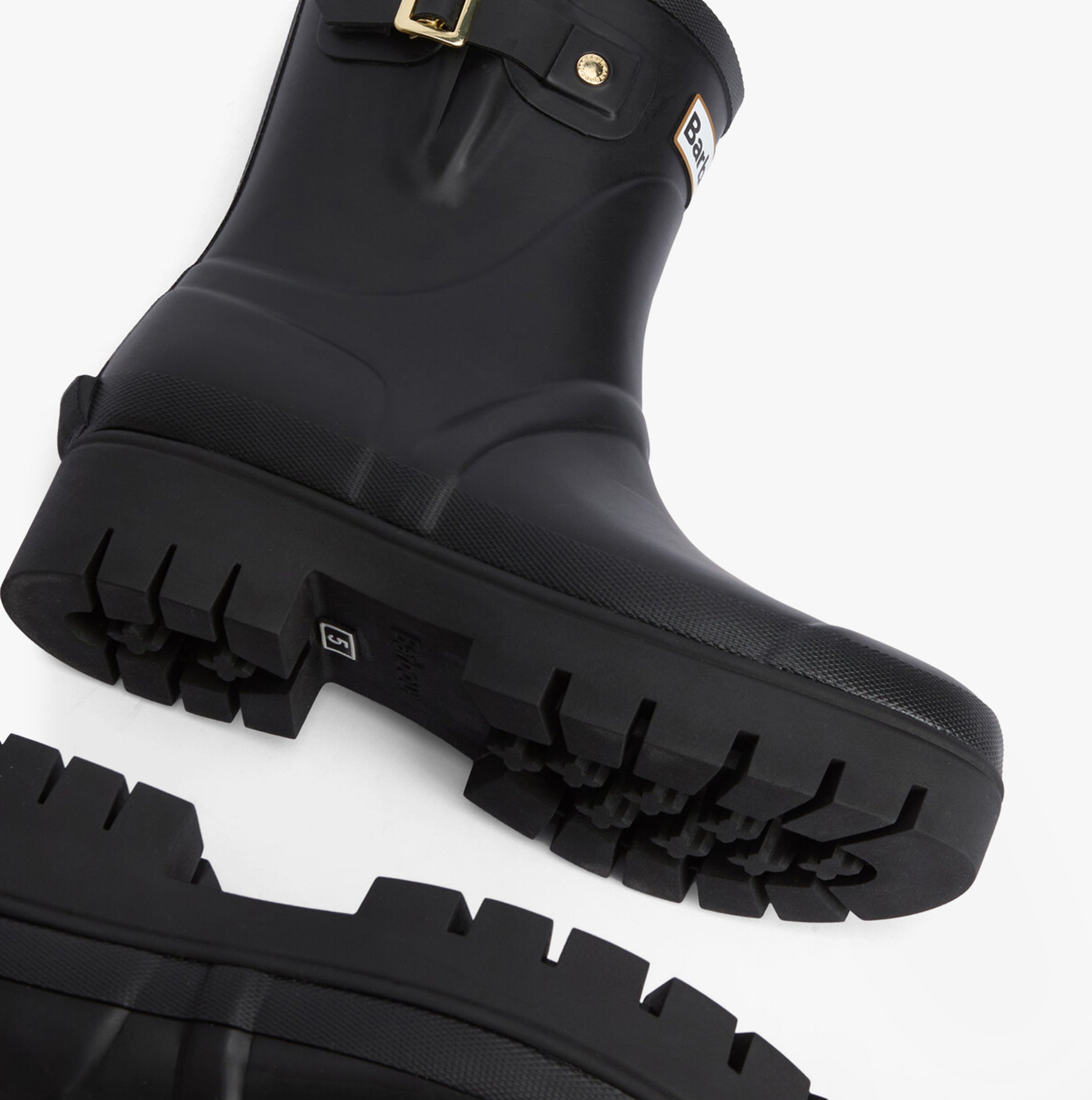 Barbour RAELYNN Womens Wellies Black side view showing rubber upper and block heel detail