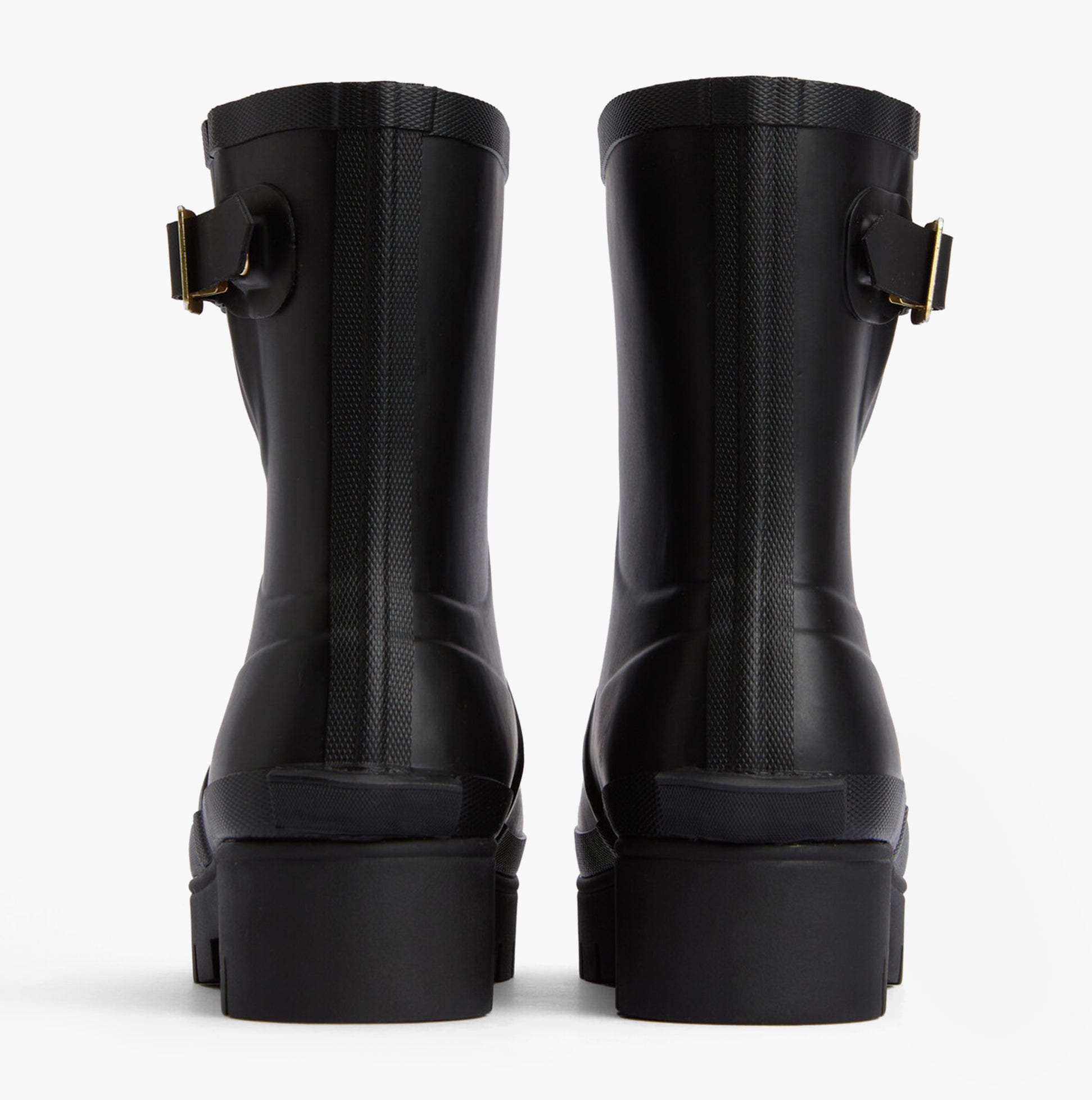 Barbour RAELYNN Womens Wellies Black rear view showcasing block heel and rubber upper.