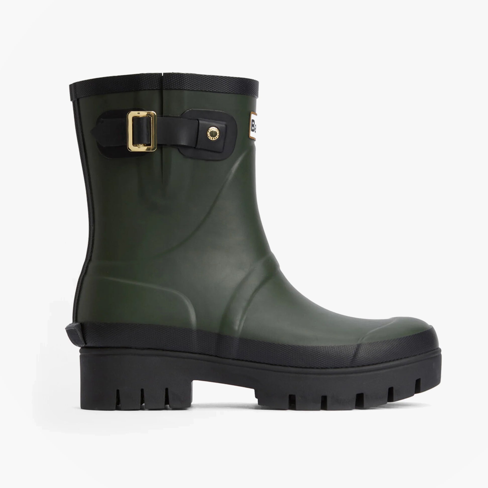 Barbour RAELYNN Womens Wellies Olive/Black side view, waterproof rubber boot with block heel and buckle detail.