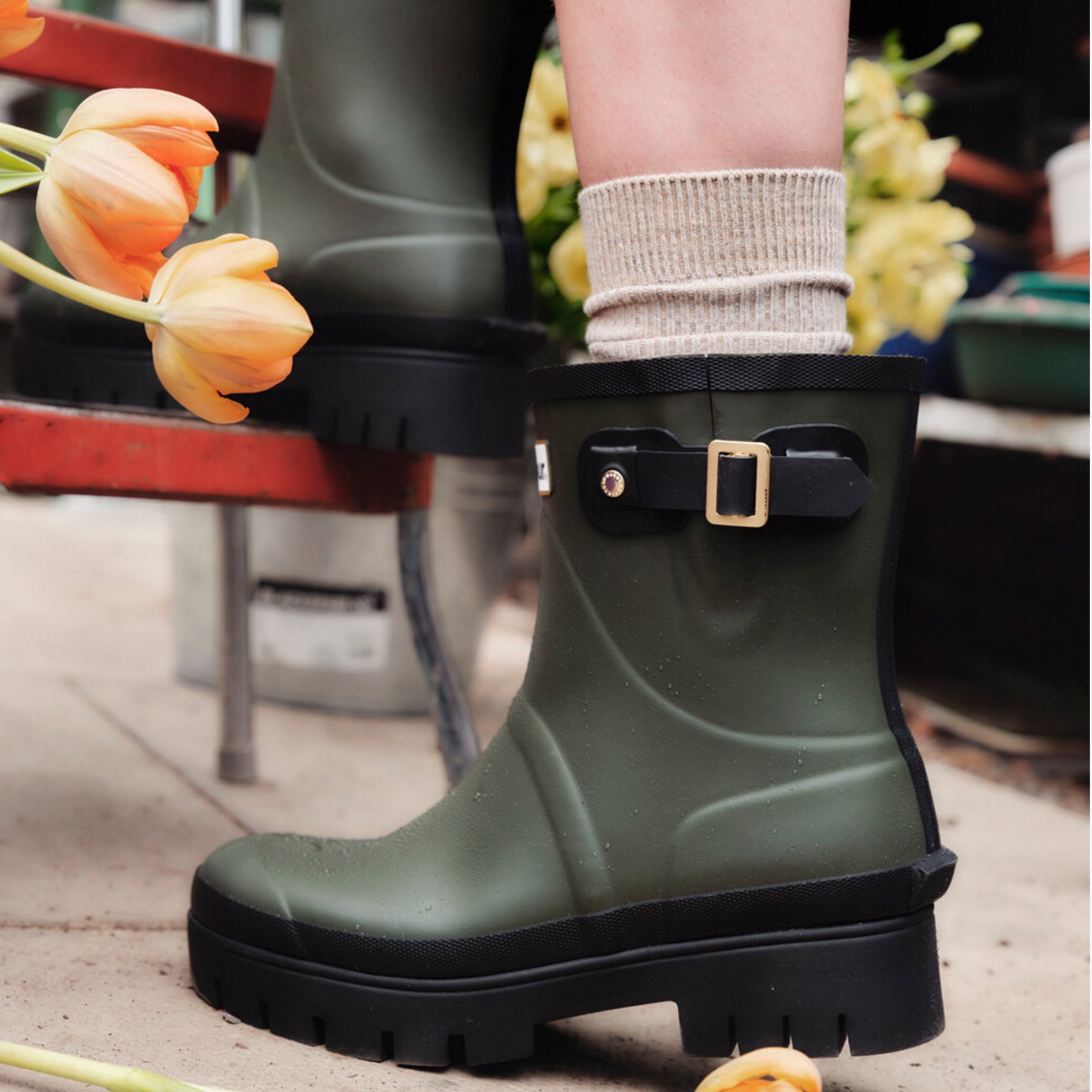 Barbour RAELYNN Womens Wellies Olive/Black side view featuring rubber upper and block heel with a pull-on design.