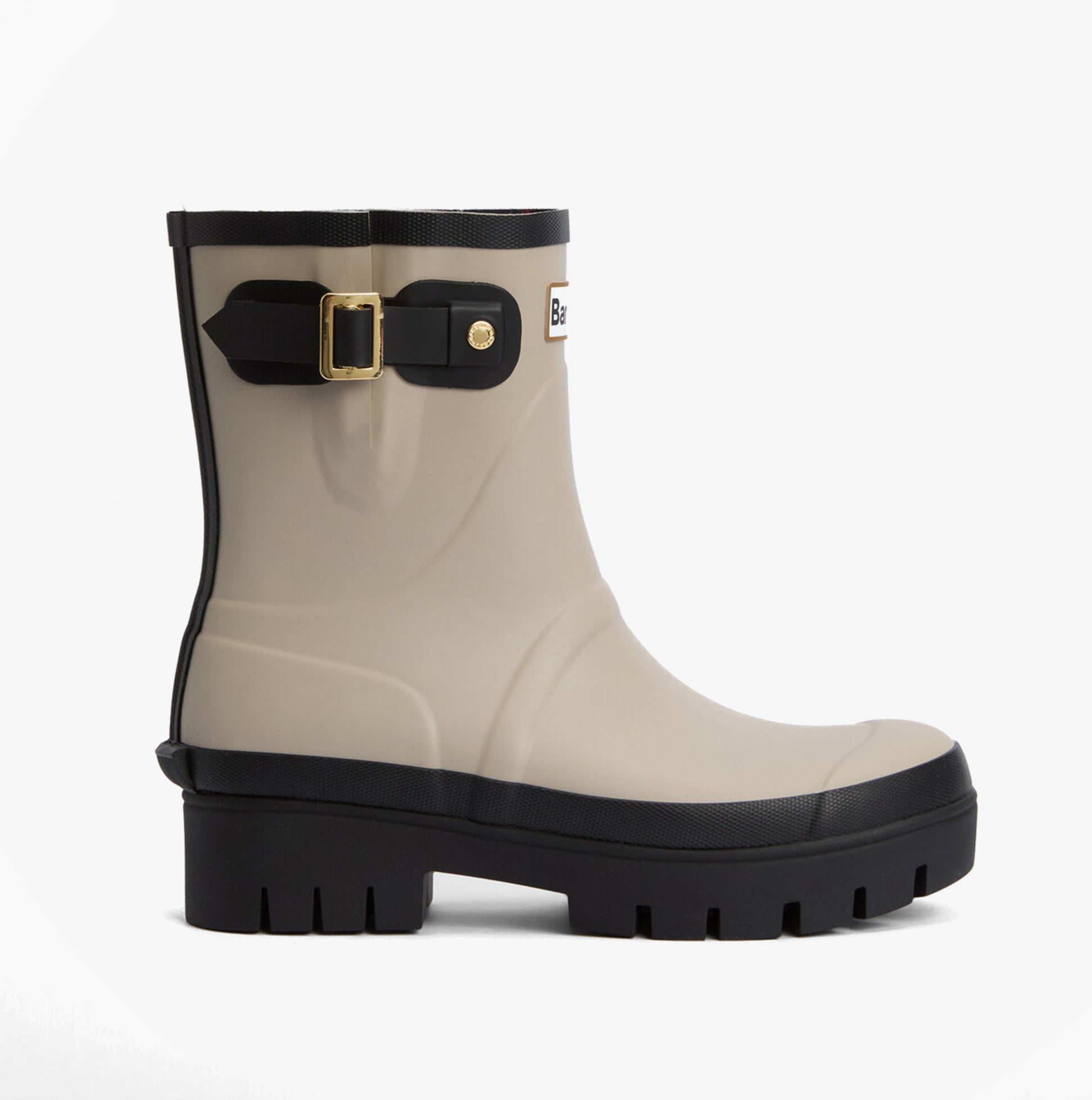 Barbour RAELYNN Womens Wellies Light Sand/Black side view showcasing rubber upper and block heel design.