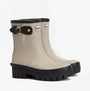 Barbour RAELYNN Womens Wellies Light Sand/Black side view showing block heel and buckle detail.
