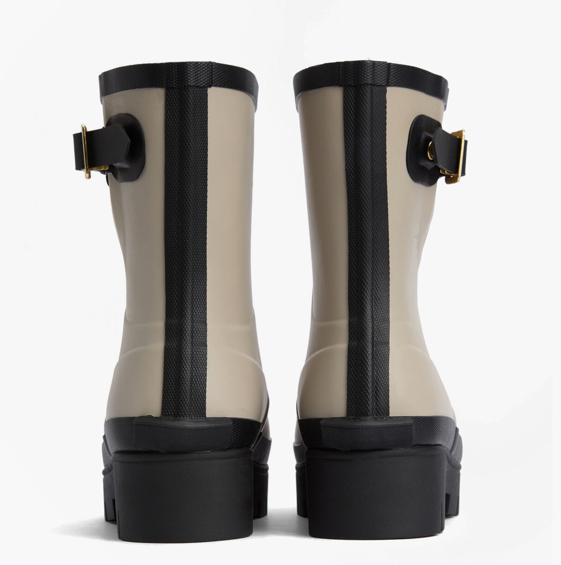 Barbour RAELYNN Womens Wellies Light Sand/Black back view highlighting the block heel and rubber upper design.