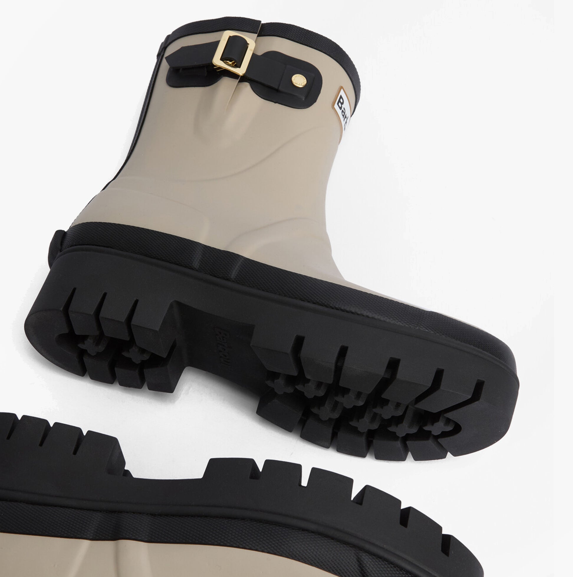 Barbour RAELYNN Womens Wellies Light Sand/Black bottom view showcasing rubber sole details.