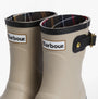Barbour RAELYNN Womens Wellies Light Sand/Black close-up view showing rubber upper and plaid lining