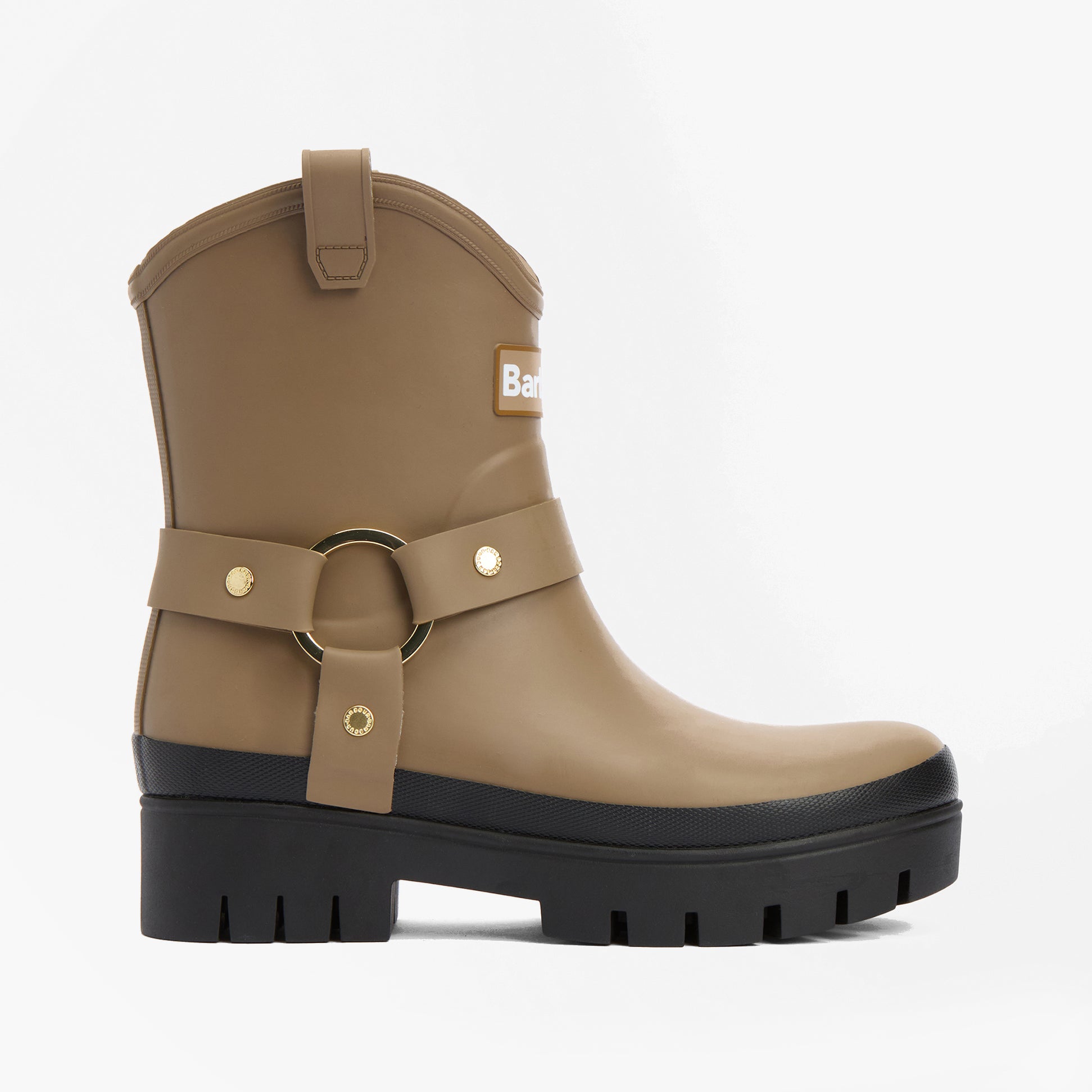 Barbour ELLEY Womens Wellies Military Brown side view with buckle detail and block heel on a white background.