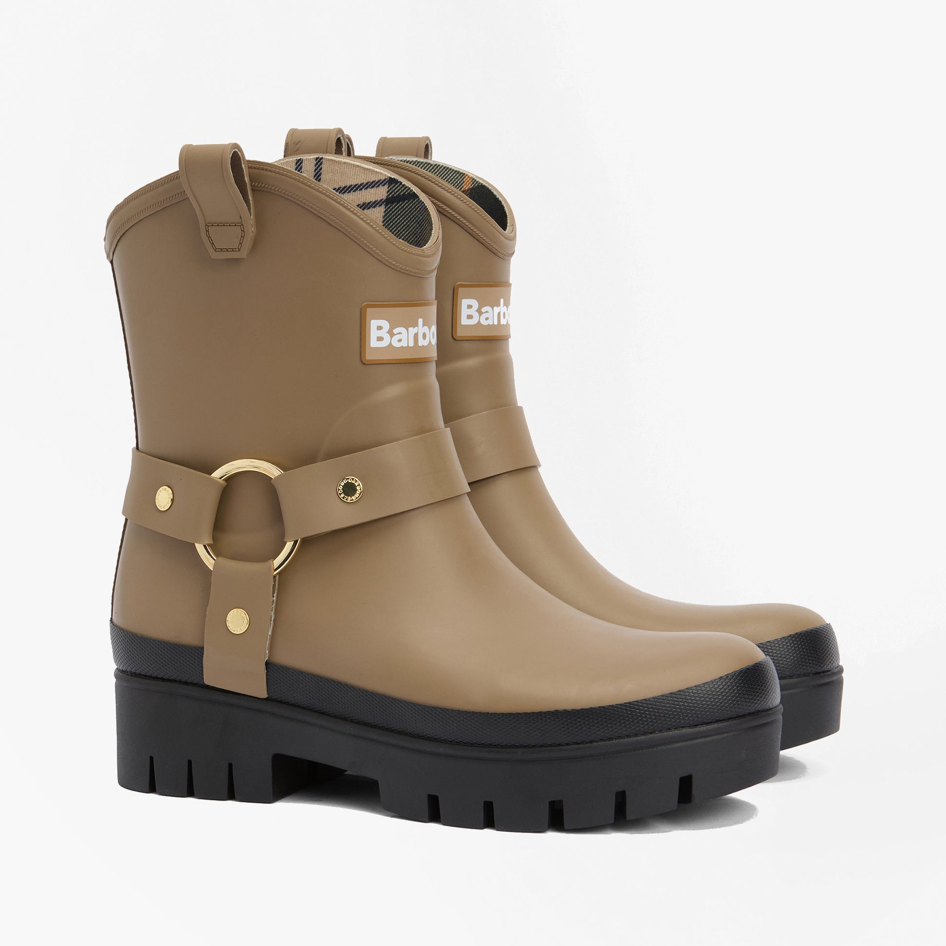 Barbour ELLEY Womens Wellies Military Brown side view showcasing rubber ankle boots with buckle detail.