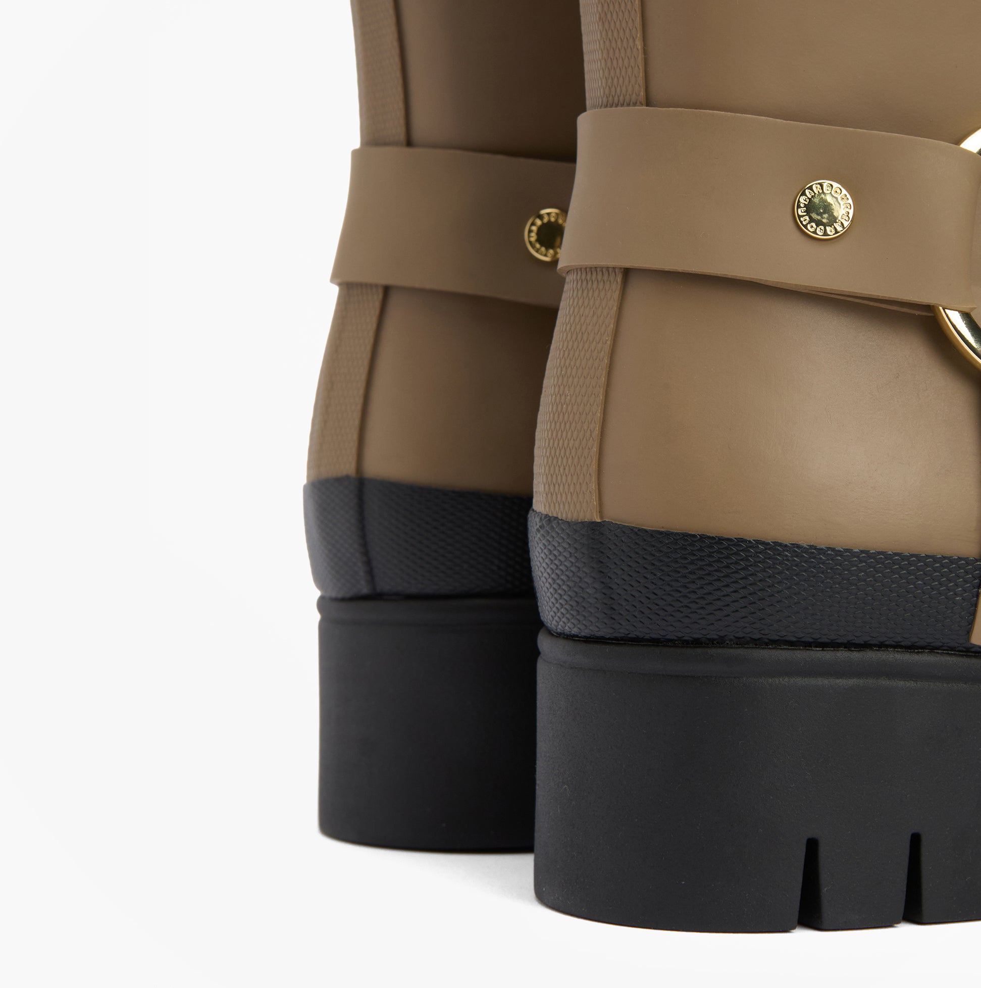 Barbour ELLEY Womens Wellies Military Brown back view with gold buckle detail and rubber sole.