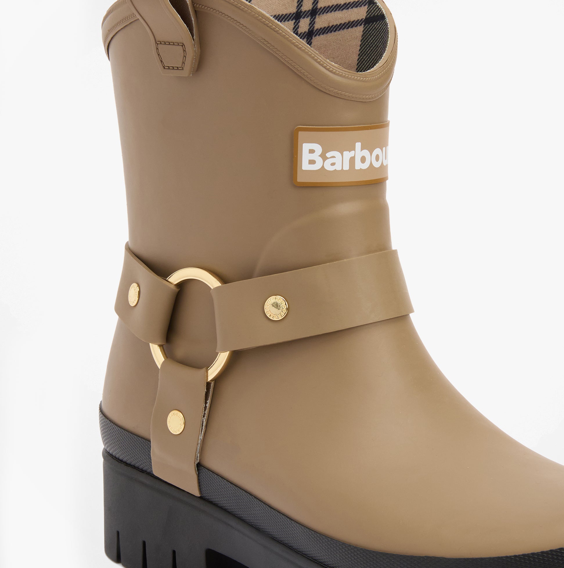 Barbour ELLEY Womens Wellies Military Brown side view showing rubber upper and decorative buckle detail.