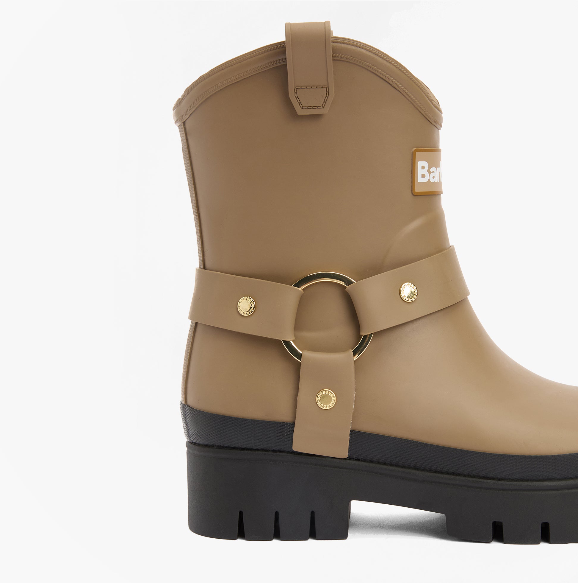 Barbour ELLEY Womens Wellies Military Brown side view with decorative strap and round toe design.