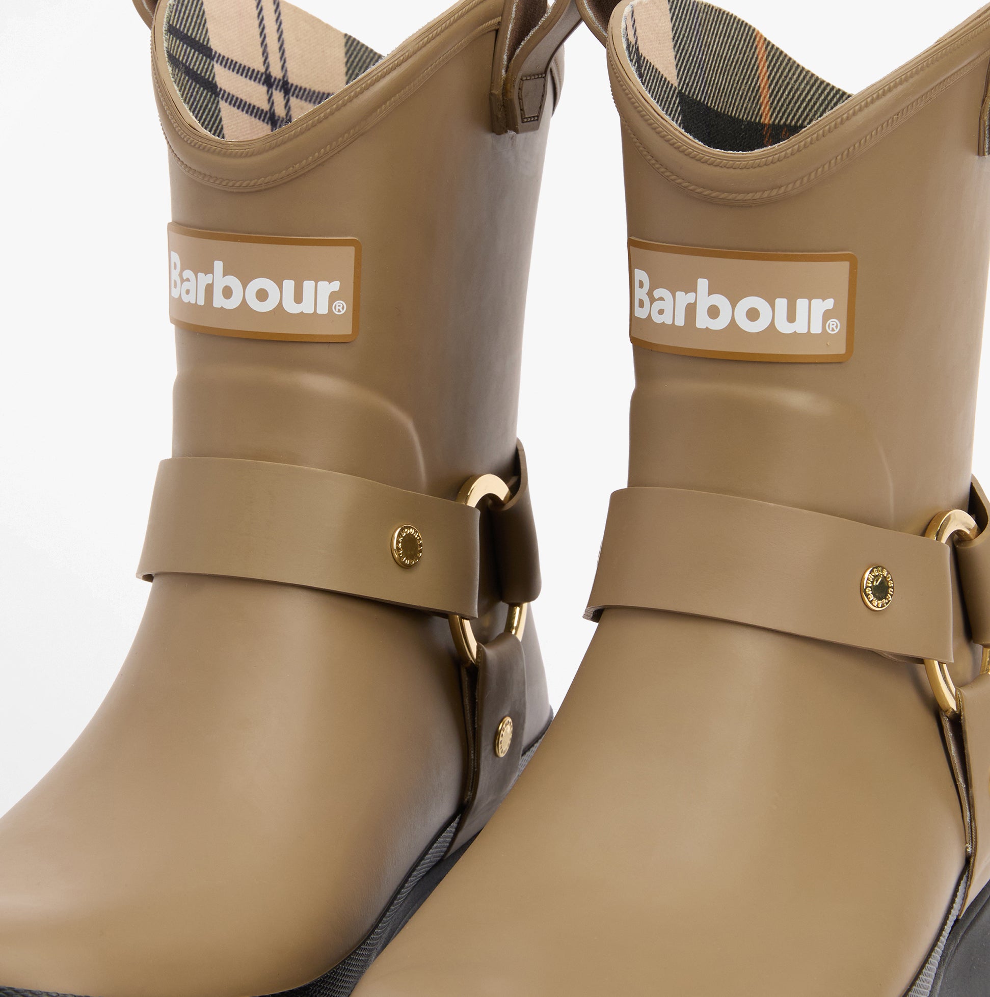 Barbour ELLEY Womens Wellies Military Brown side view showing rubber upper and lining details.