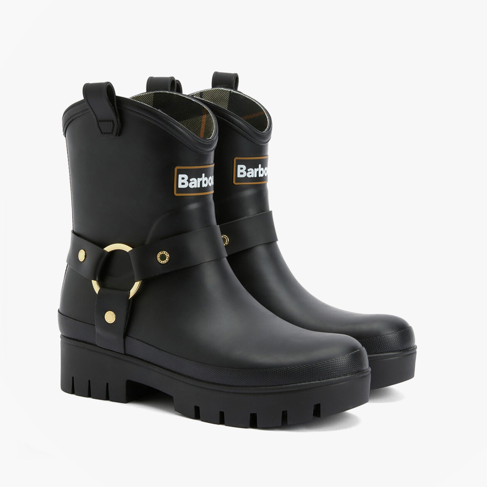 Barbour ELLEY Womens Wellies Black side view showcasing rubber ankle boots with gold buckle detail.