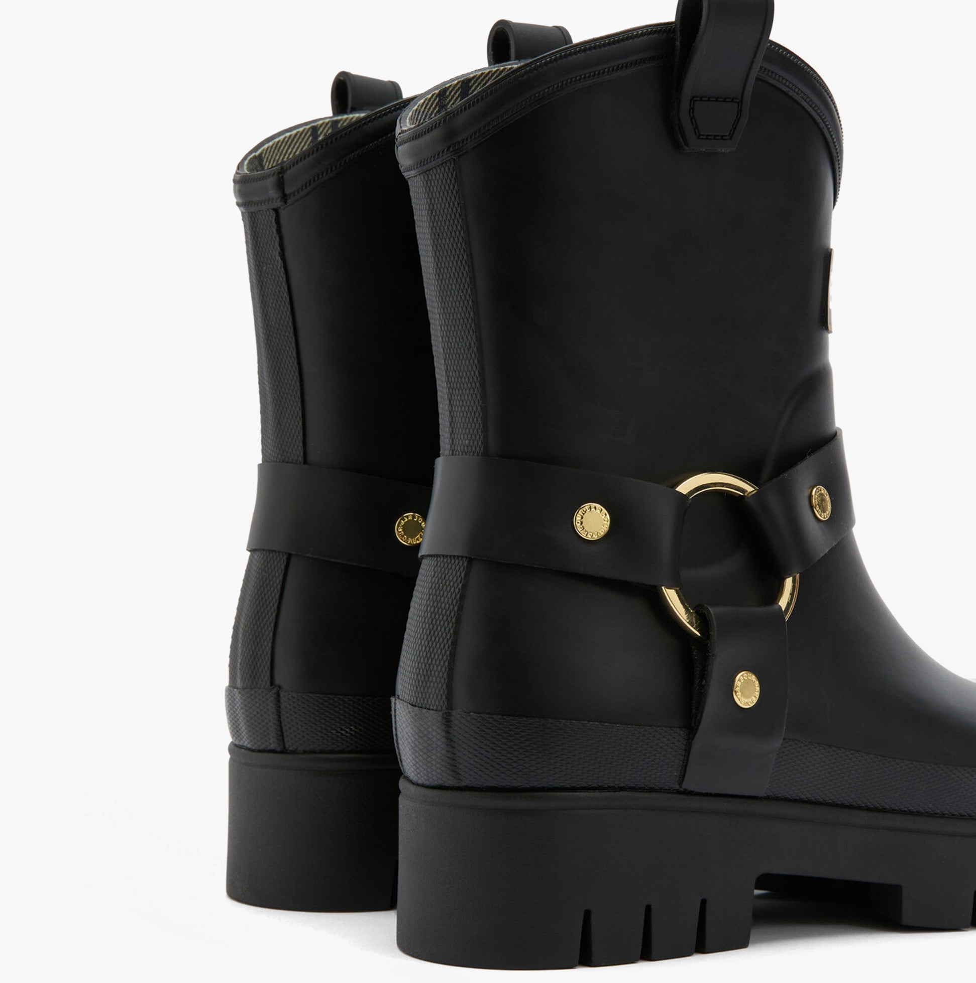 Barbour ELLEY Womens Wellies Black rear view with stylish strap detail and gold accents on a rubber ankle boot.