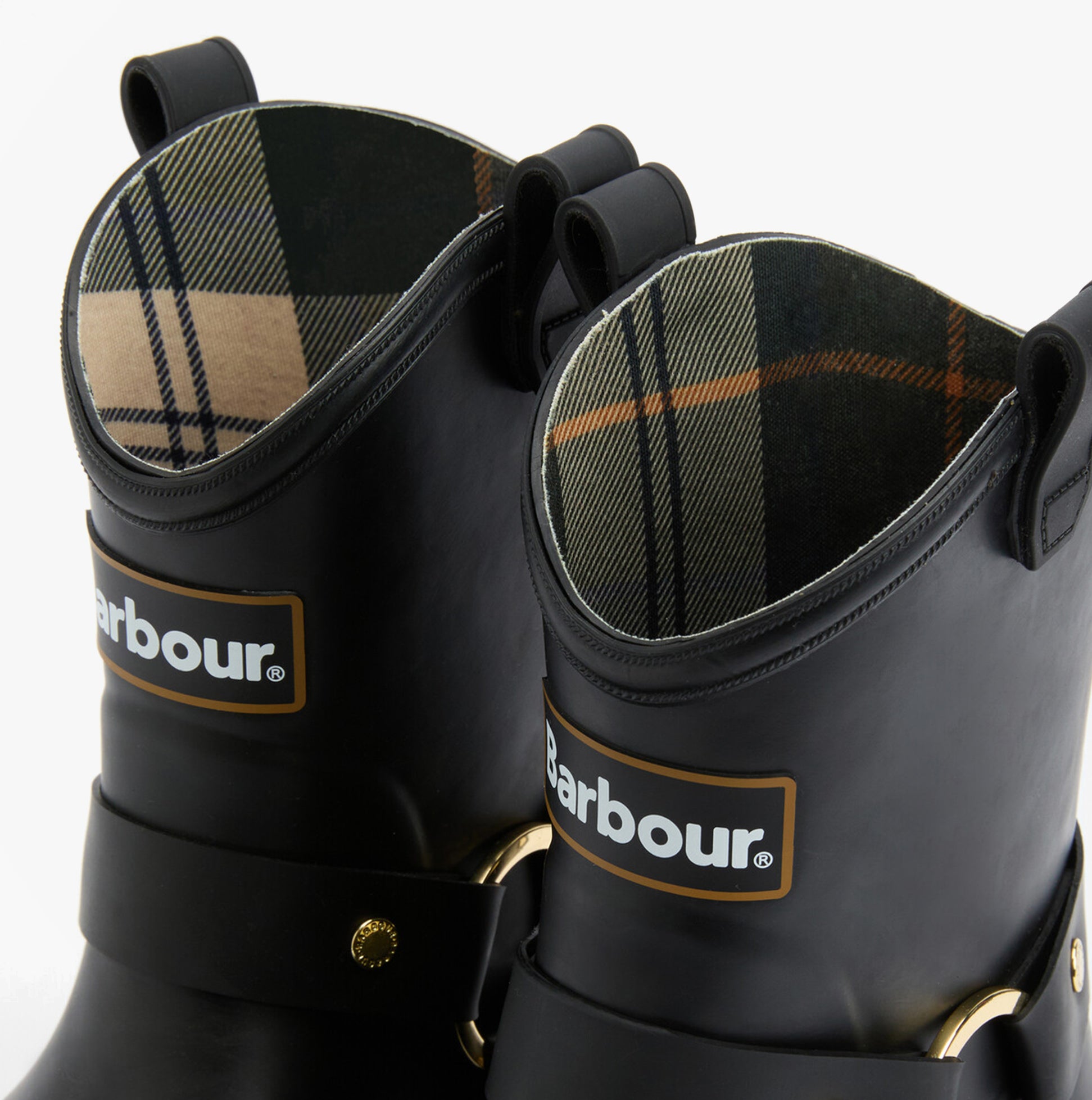 Barbour ELLEY Womens Wellies Black detail view showing plaid lining and logo.