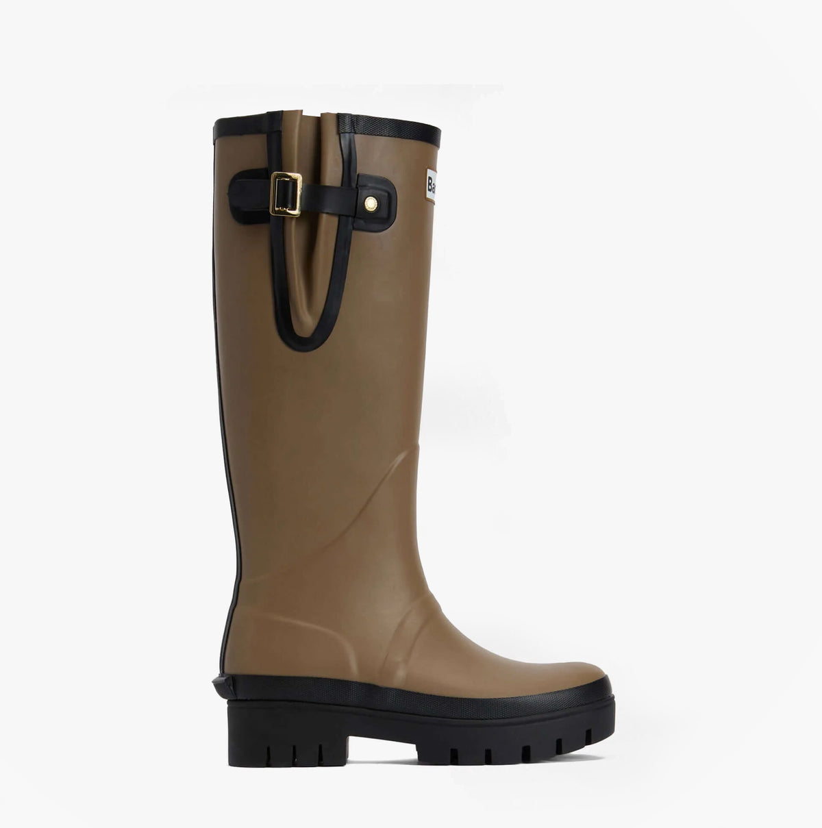 Barbour LEIGHTON Womens Tall Wellies Military Brown/Black side view of tall rubber boots