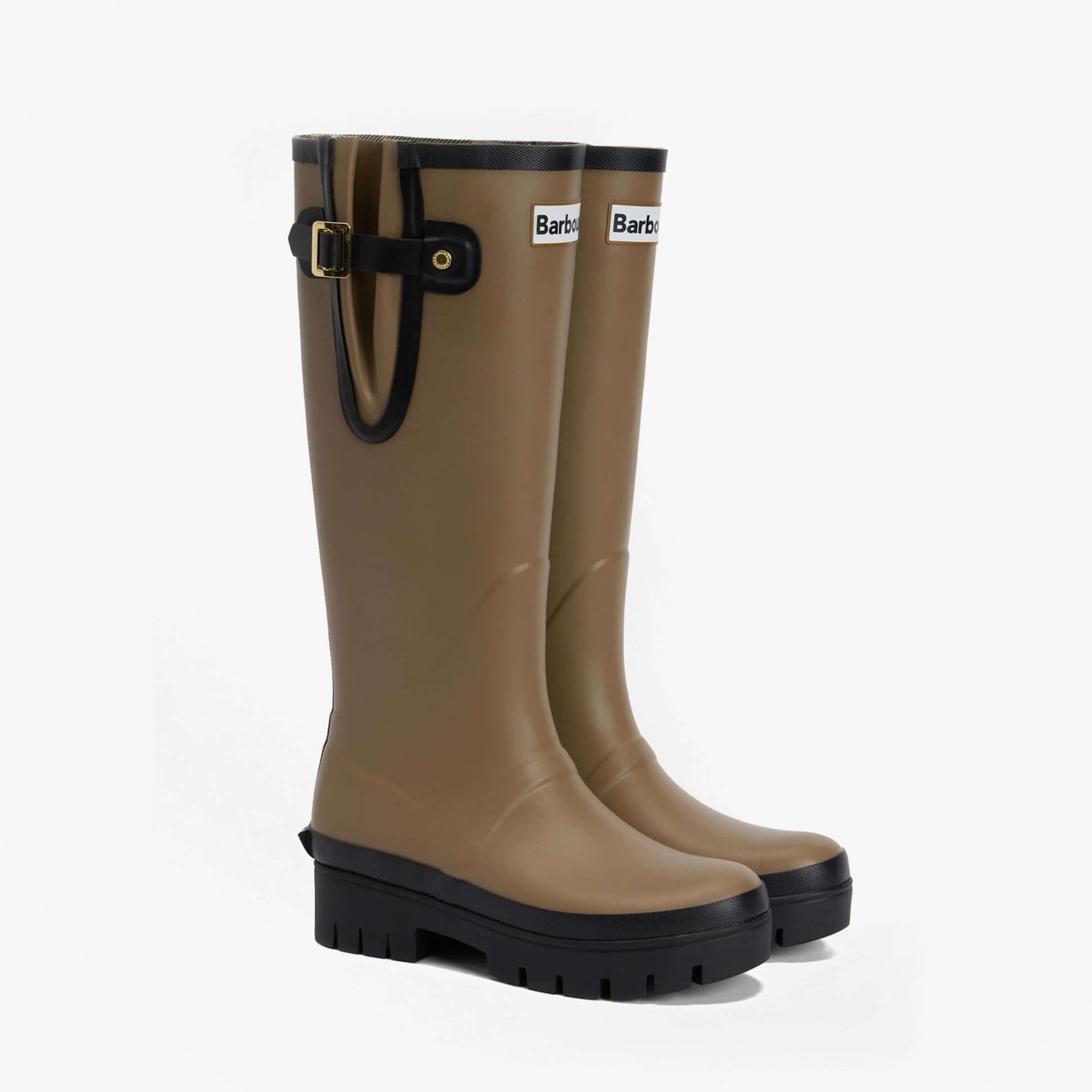 Barbour LEIGHTON Womens Tall Wellies Military Brown/Black side view showcasing waterproof rubber construction.