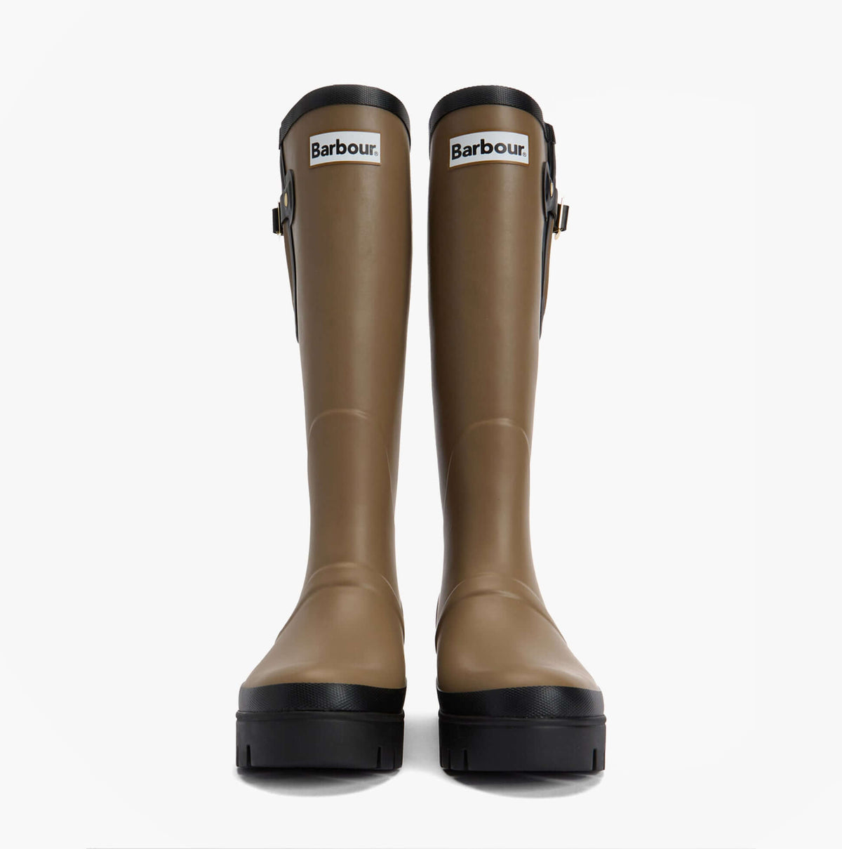 Barbour LEIGHTON Womens Tall Wellies Military Brown/Black front view showing rubber upper and classic design.