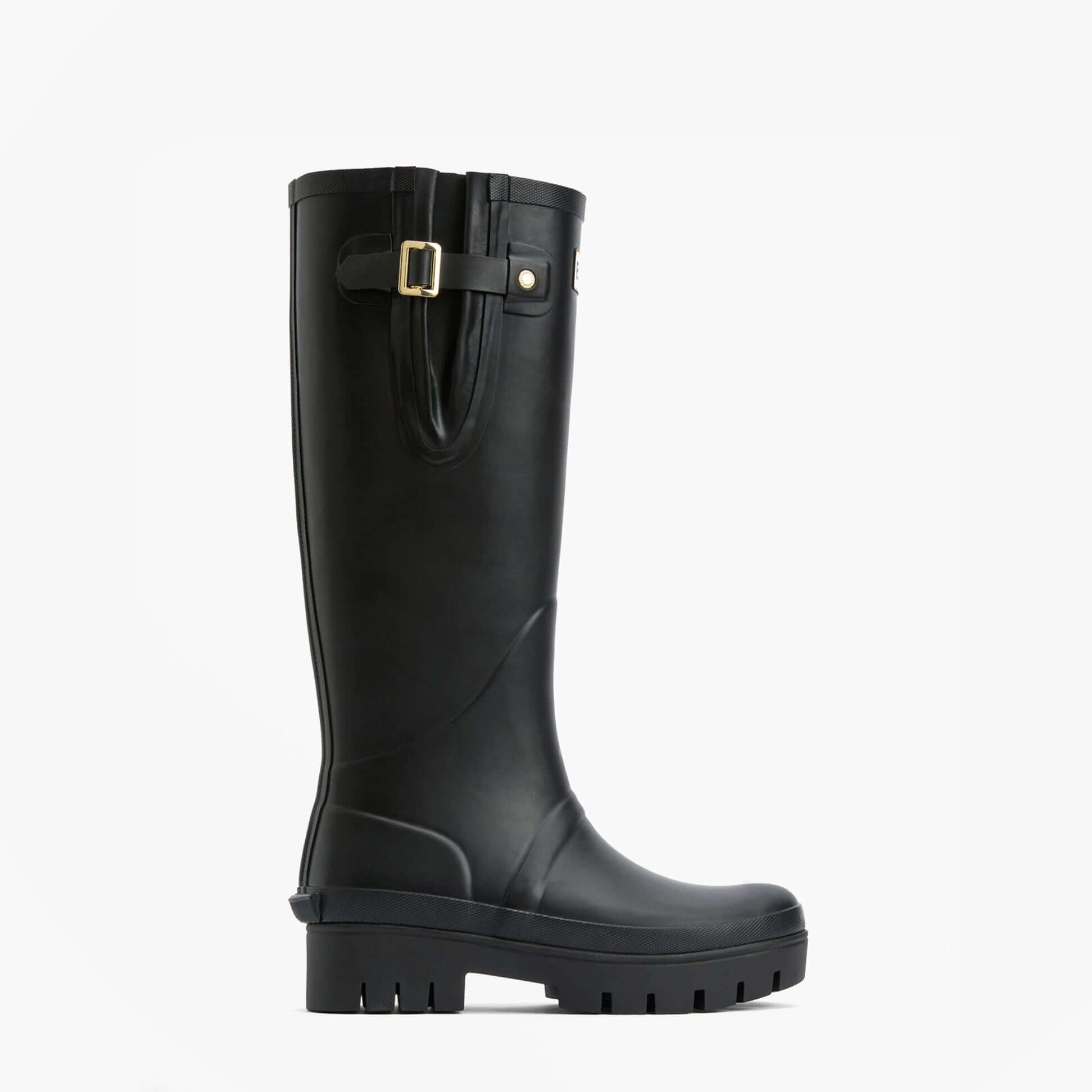 Barbour LEIGHTON Womens Tall Wellies Black side view showcasing rubber upper and stylish buckle detail.