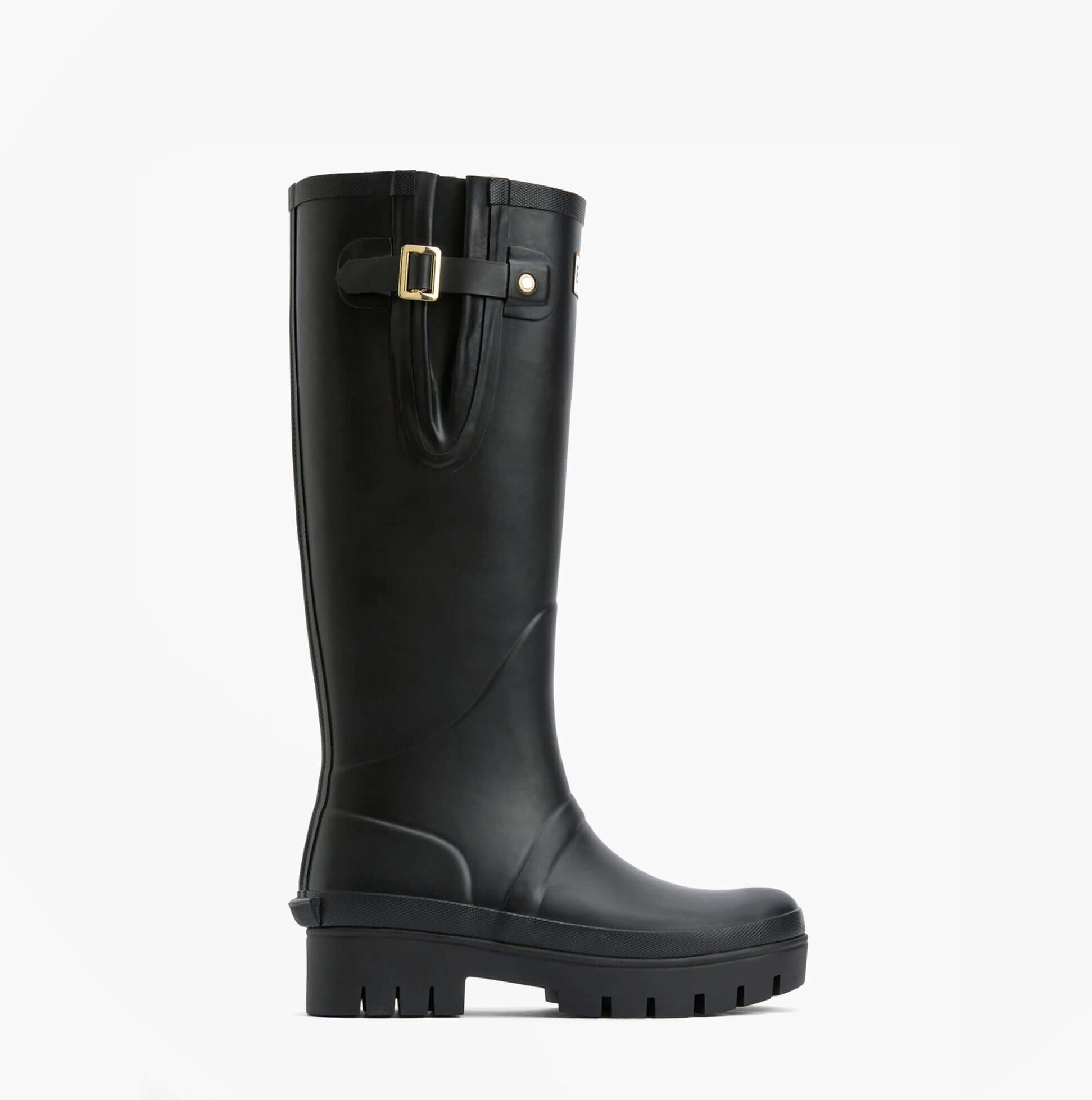 Barbour LEIGHTON Womens Tall Wellies Black side view showcasing rubber upper and stylish buckle detail.