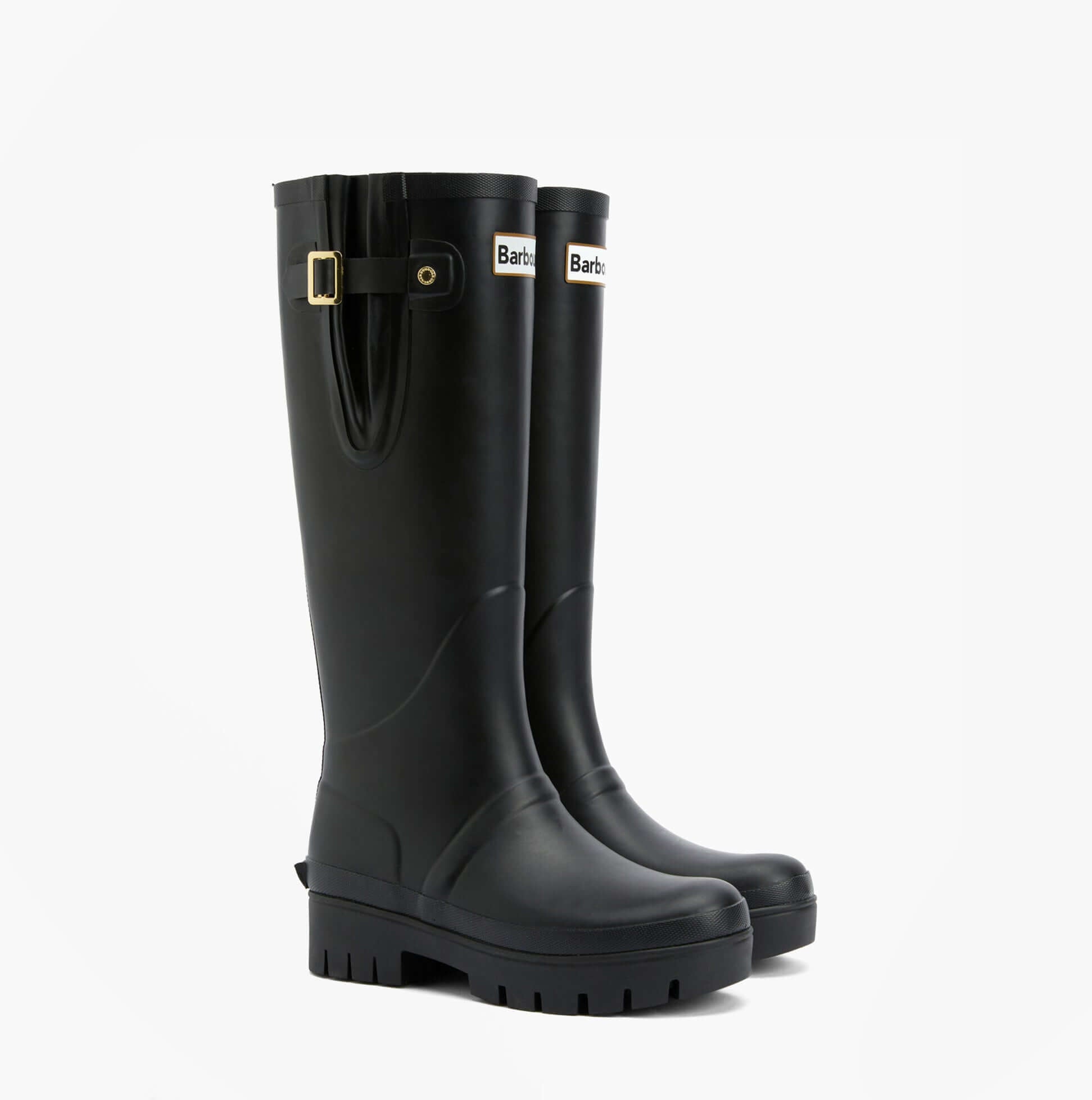 Barbour LEIGHTON Womens Tall Wellies Black side view showcasing rubber upper, mid-calf height, and pull-on design.