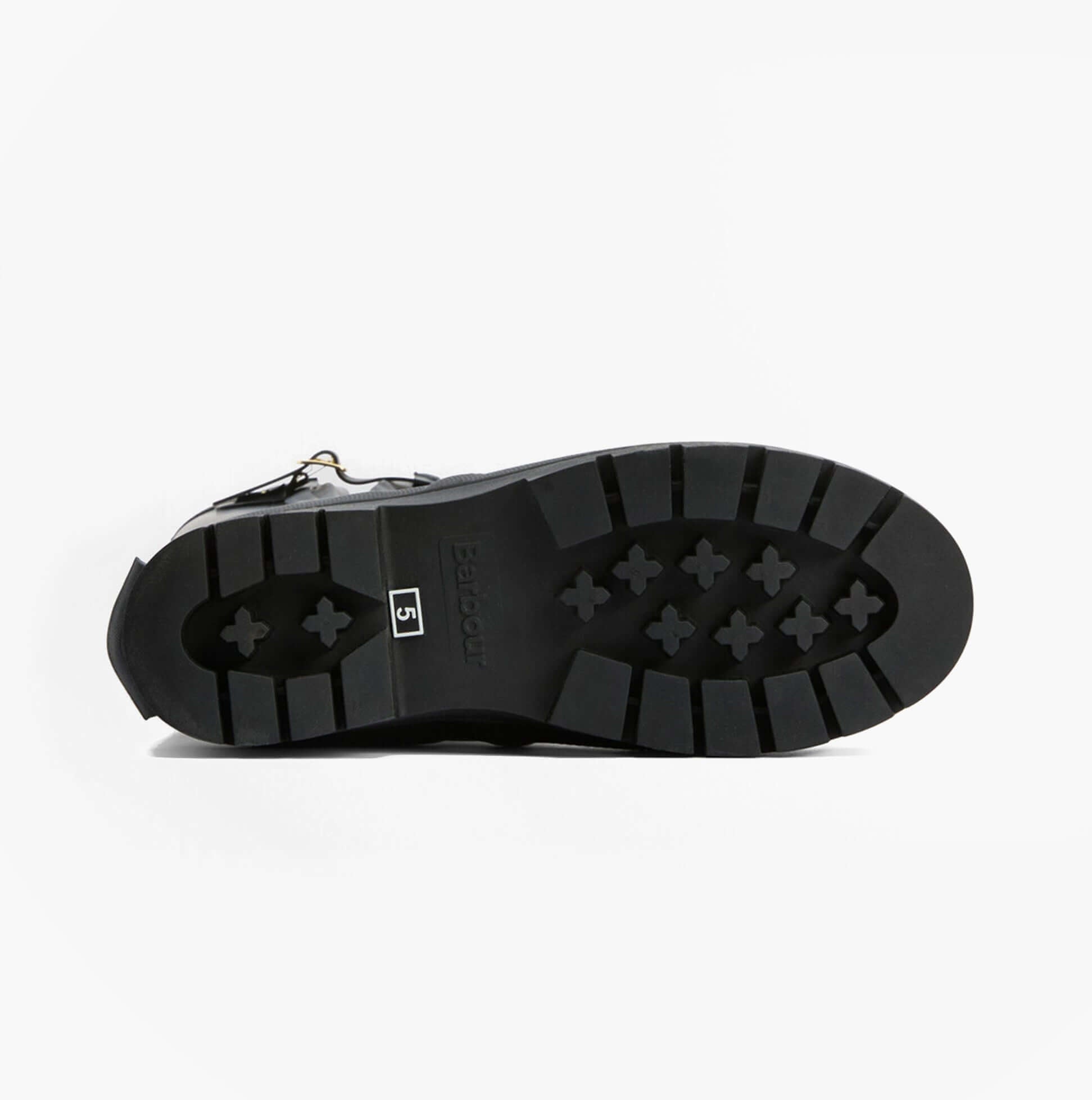 Barbour LEIGHTON Womens Tall Wellies Black bottom view showcasing rubber sole with traction design.