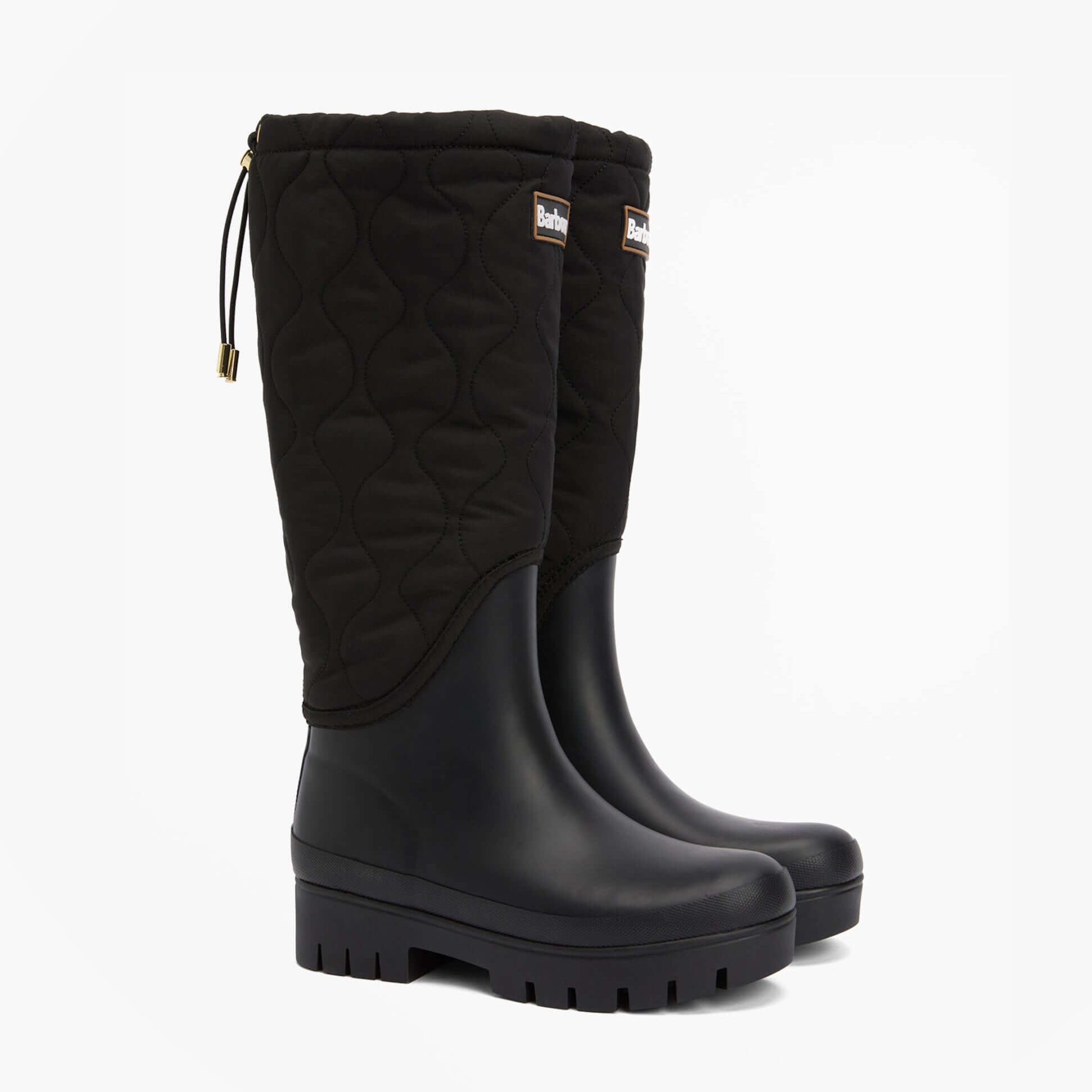 Barbour MARNIE Womens Tall Wellies Black side view showcasing quilted upper and round toe design.