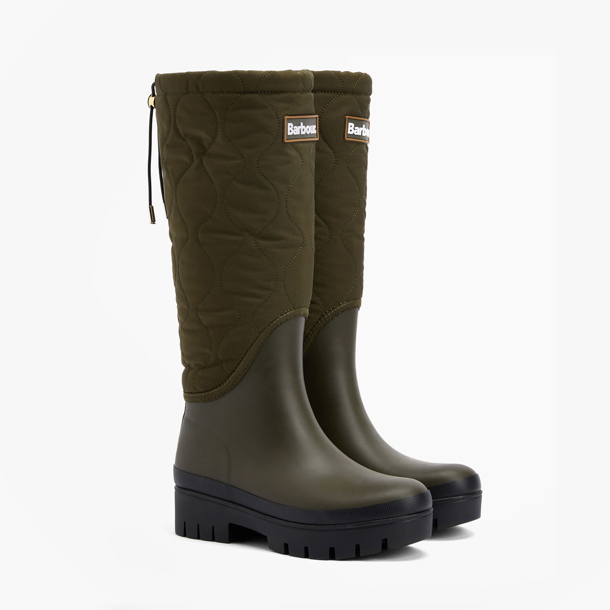 Barbour MARNIE Womens Tall Wellies Olive/Black side view showing synthetic upper and comfort features.