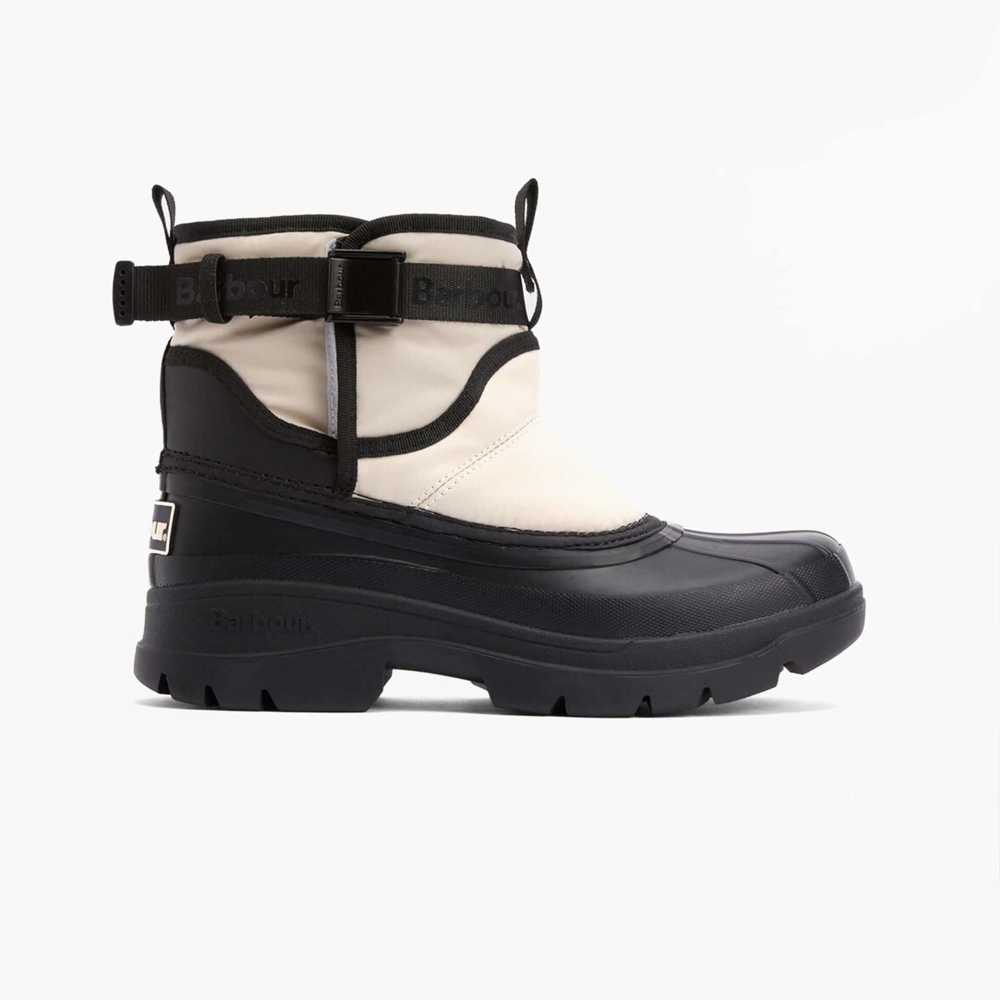 Barbour BRAYBOURN Womens Duck Boot Wellies Beige/Black side view showing ankle height and pull-on design with rubber sole.