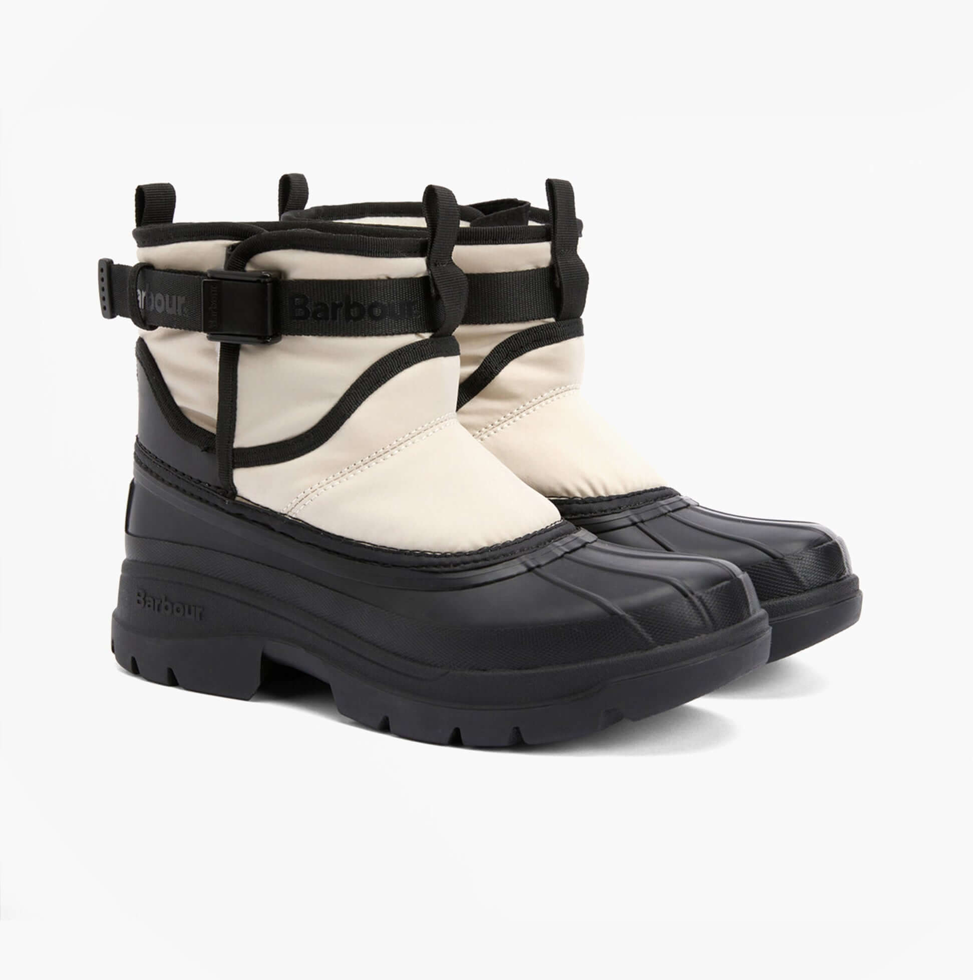 Barbour BRAYBOURN Womens Duck Boot Wellies Beige/Black side view showcasing the ankle height and synthetic/rubber material.