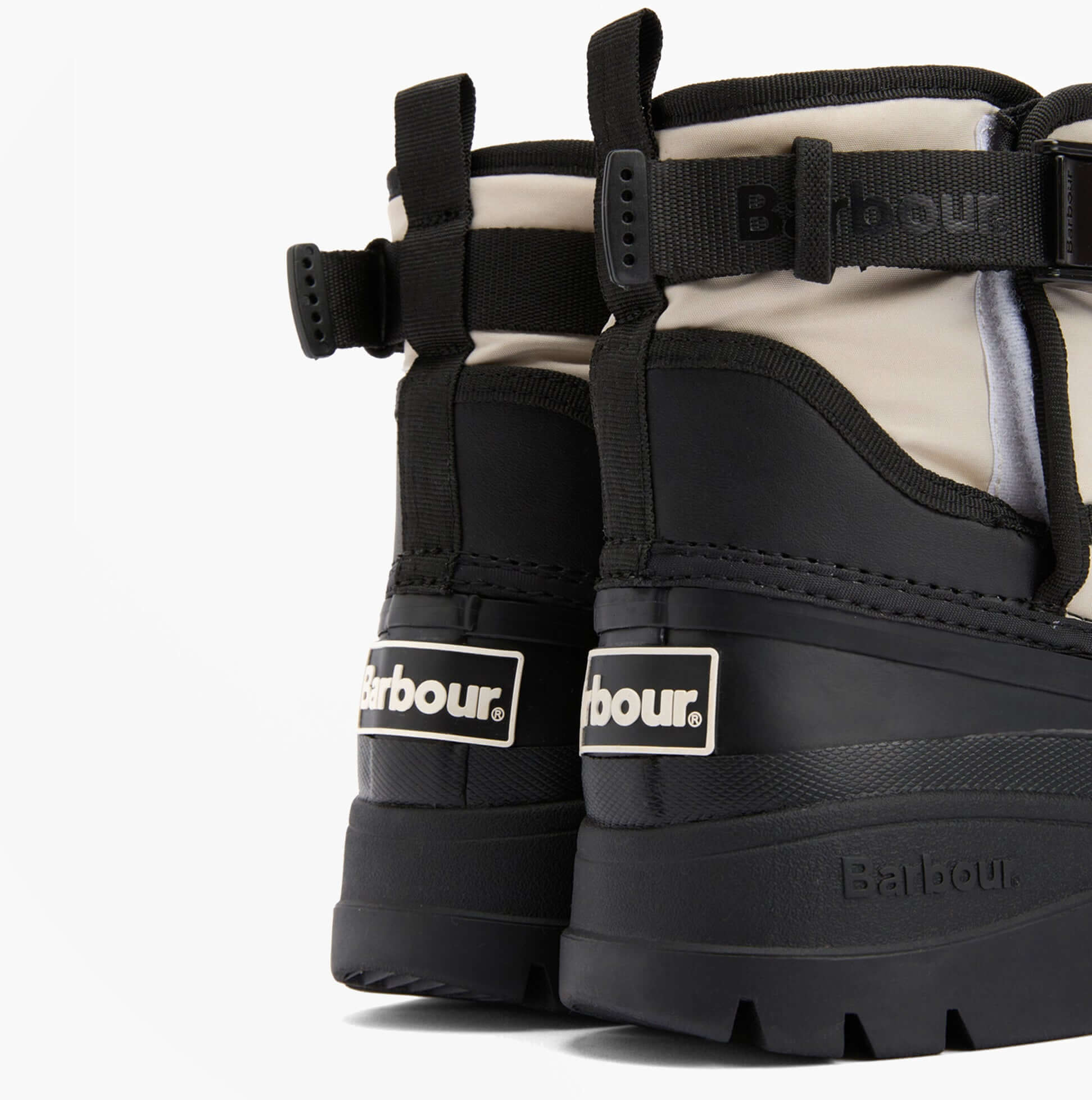 Barbour BRAYBOURN Womens Duck Boot Wellies Beige/Black rear view showcasing comfort and rubber material.