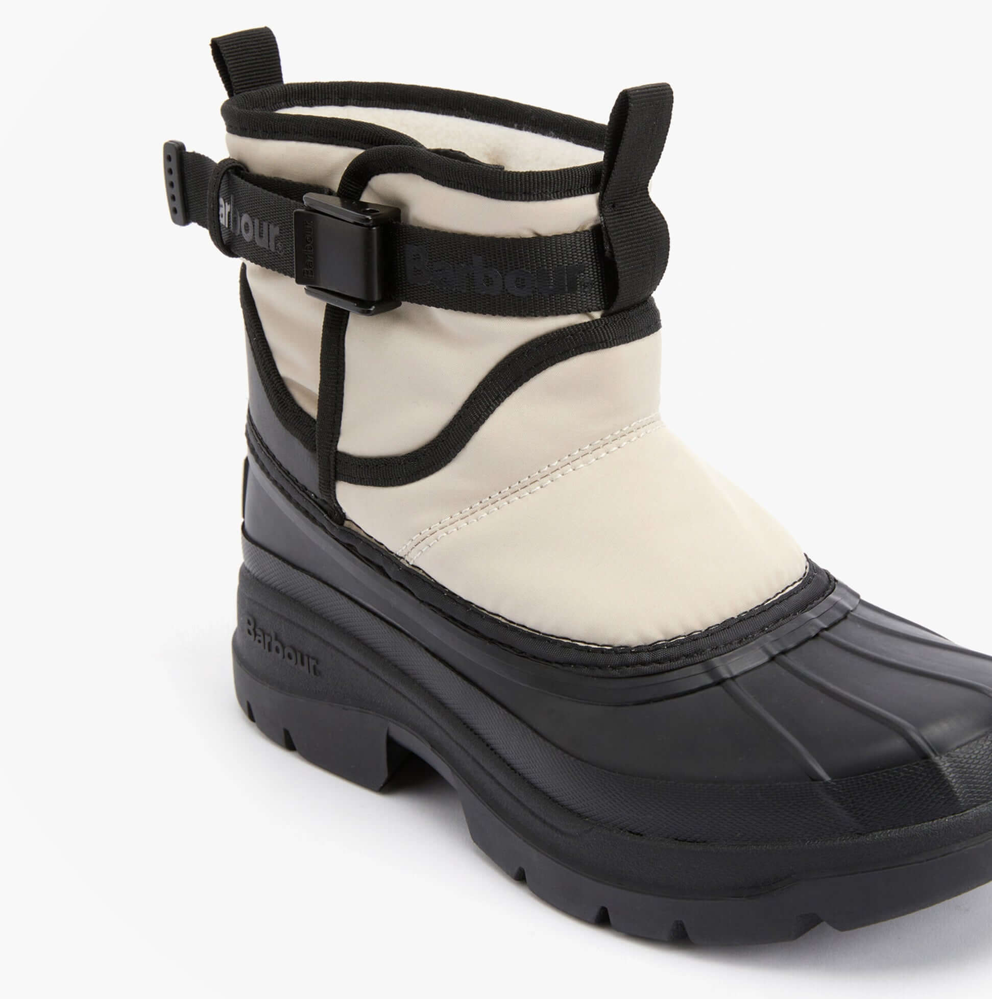 Barbour BRAYBOURN Womens Duck Boot Wellies Beige/Black side view showcasing ankle height and comfort features.