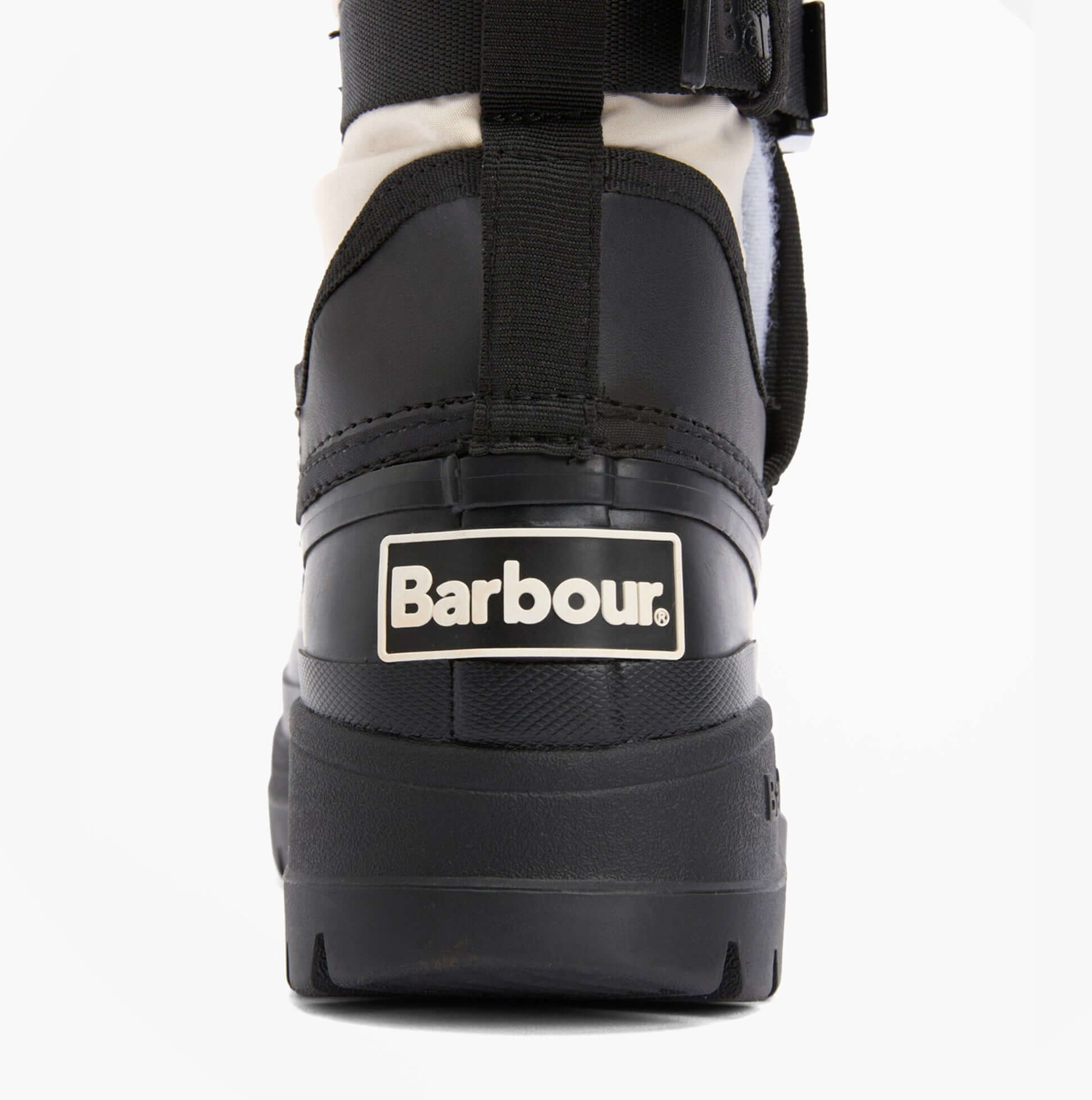 Barbour BRAYBOURN Womens Duck Boot Wellies Beige/Black back view showcasing brand logo and design details.