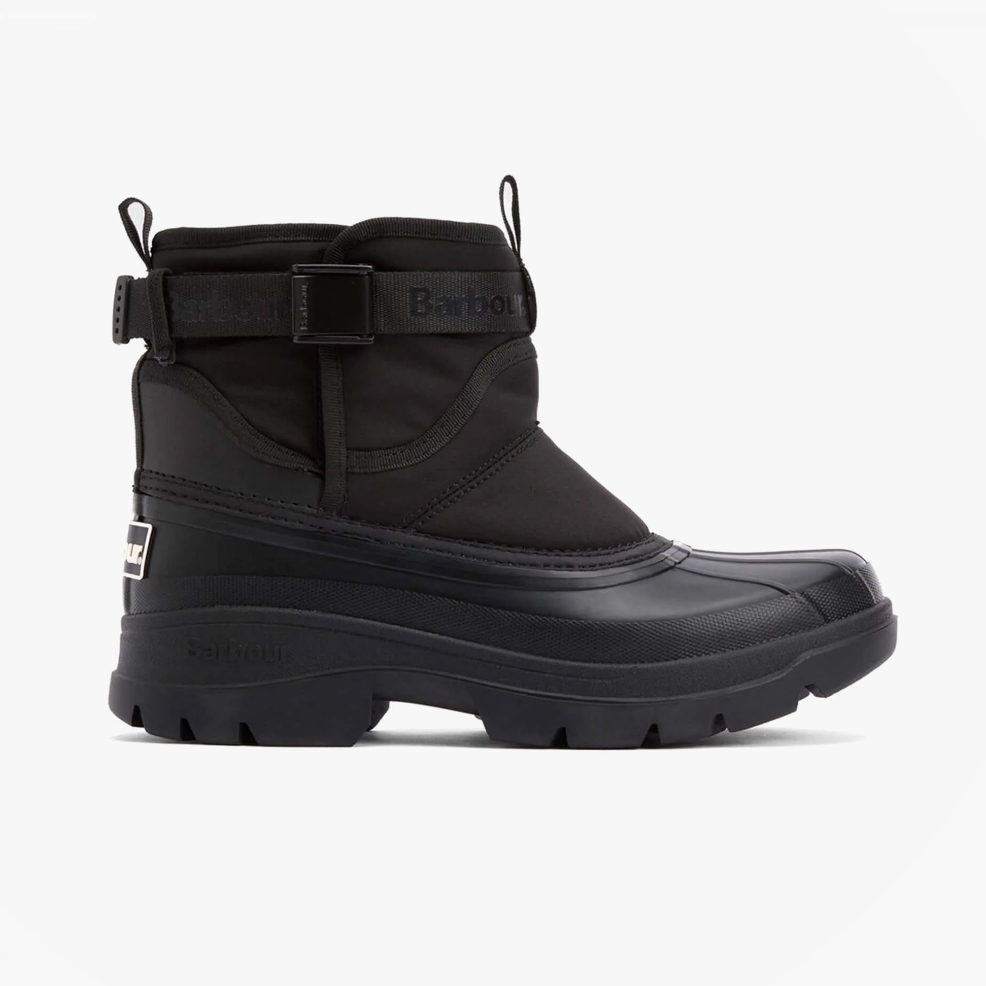Barbour BRAYBOURN Womens Duck Boot Wellies Black side view showcasing comfortable synthetic and rubber construction.