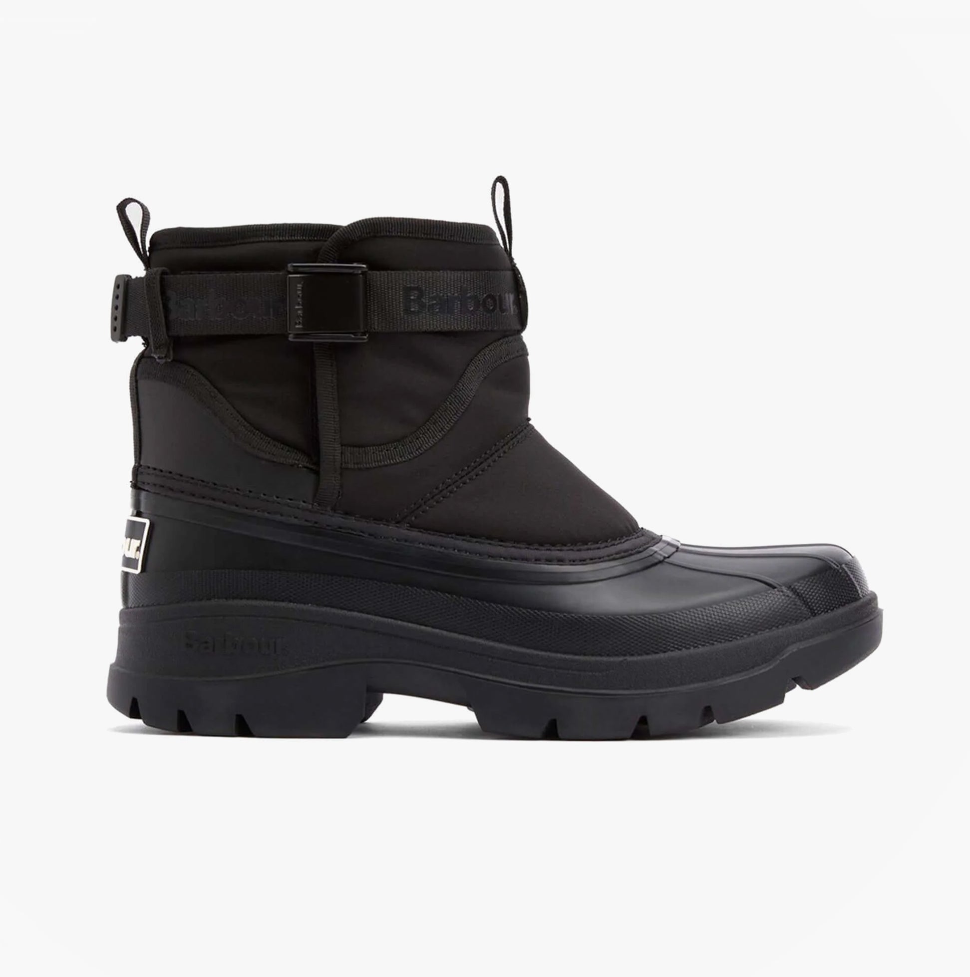 Barbour BRAYBOURN Womens Duck Boot Wellies Black side view showcasing comfortable synthetic and rubber construction.