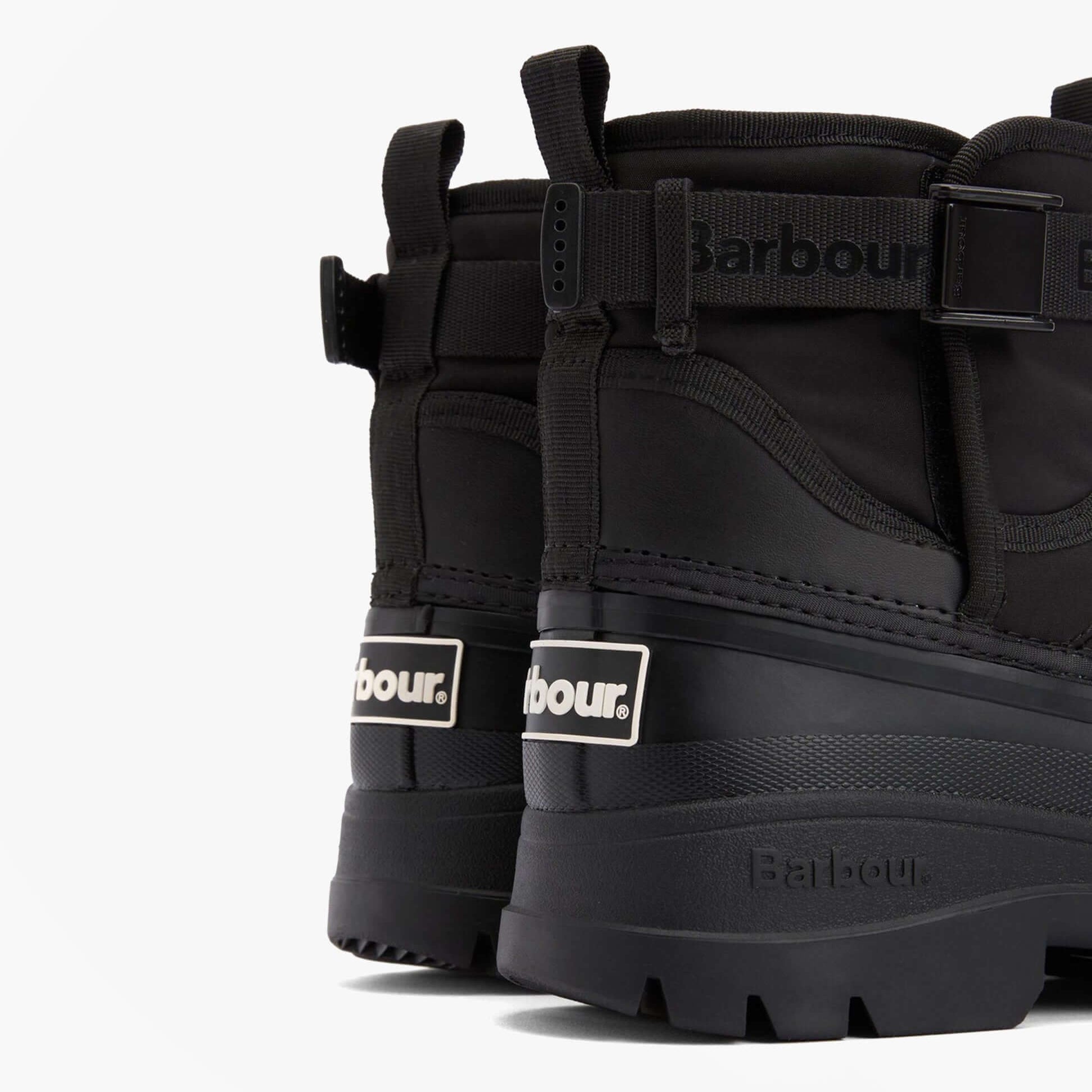 Barbour BRAYBOURN Womens Duck Boot Wellies Black side view showcasing rear design and logo details.