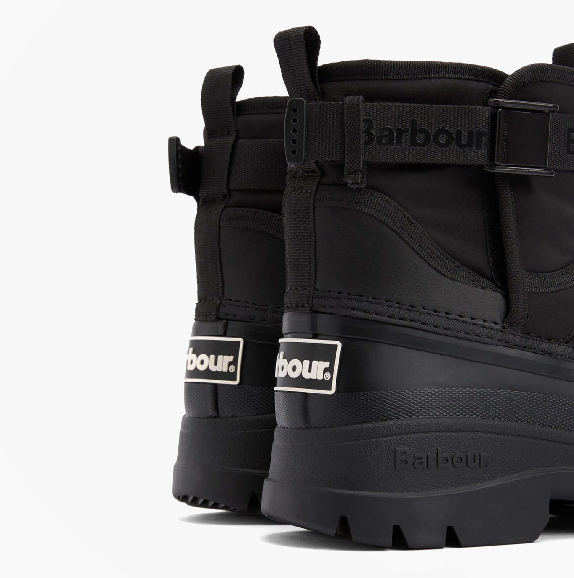 Barbour BRAYBOURN Womens Duck Boot Wellies Black side view showcasing rear design and logo details.
